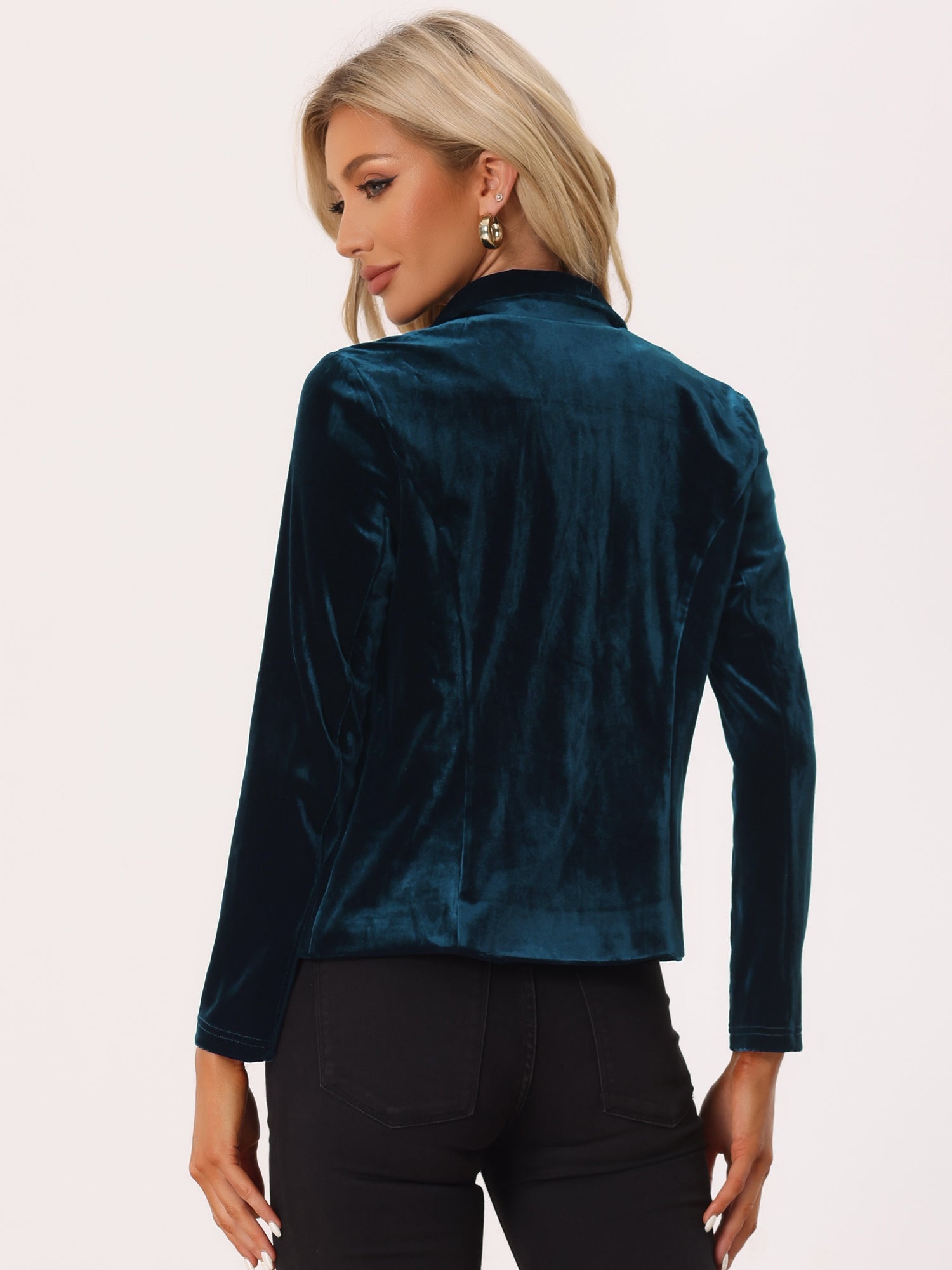 Notched Lapel Long Sleeve Office Business Button Velvet Blazer