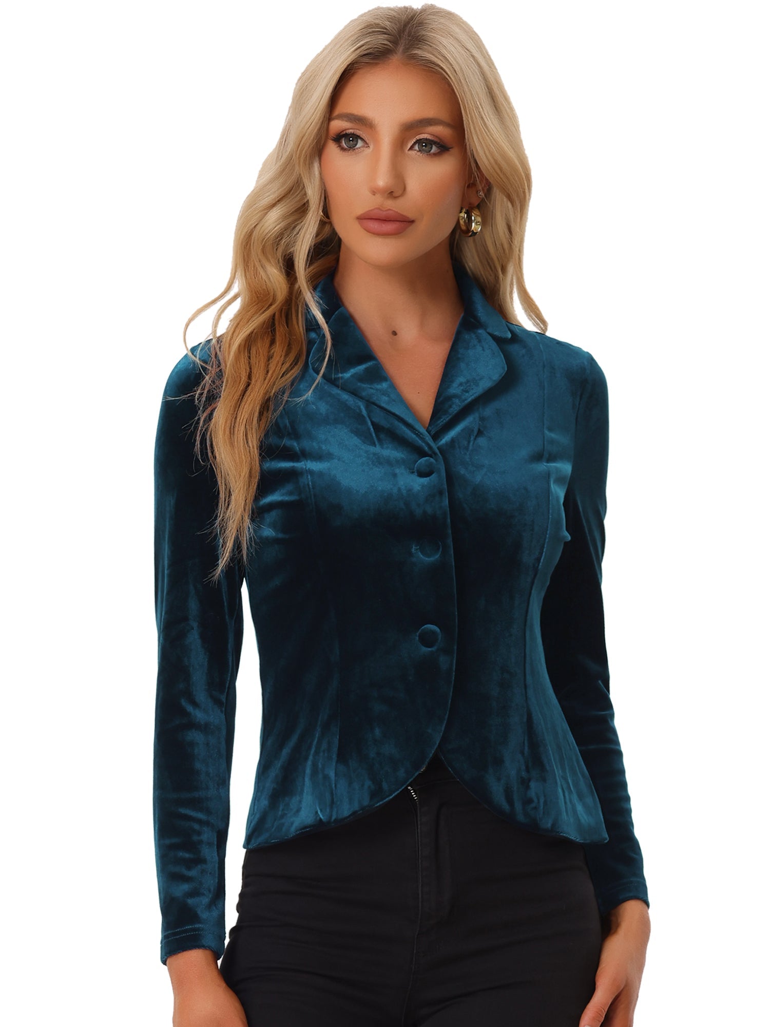Notched Lapel Long Sleeve Office Business Button Velvet Blazer