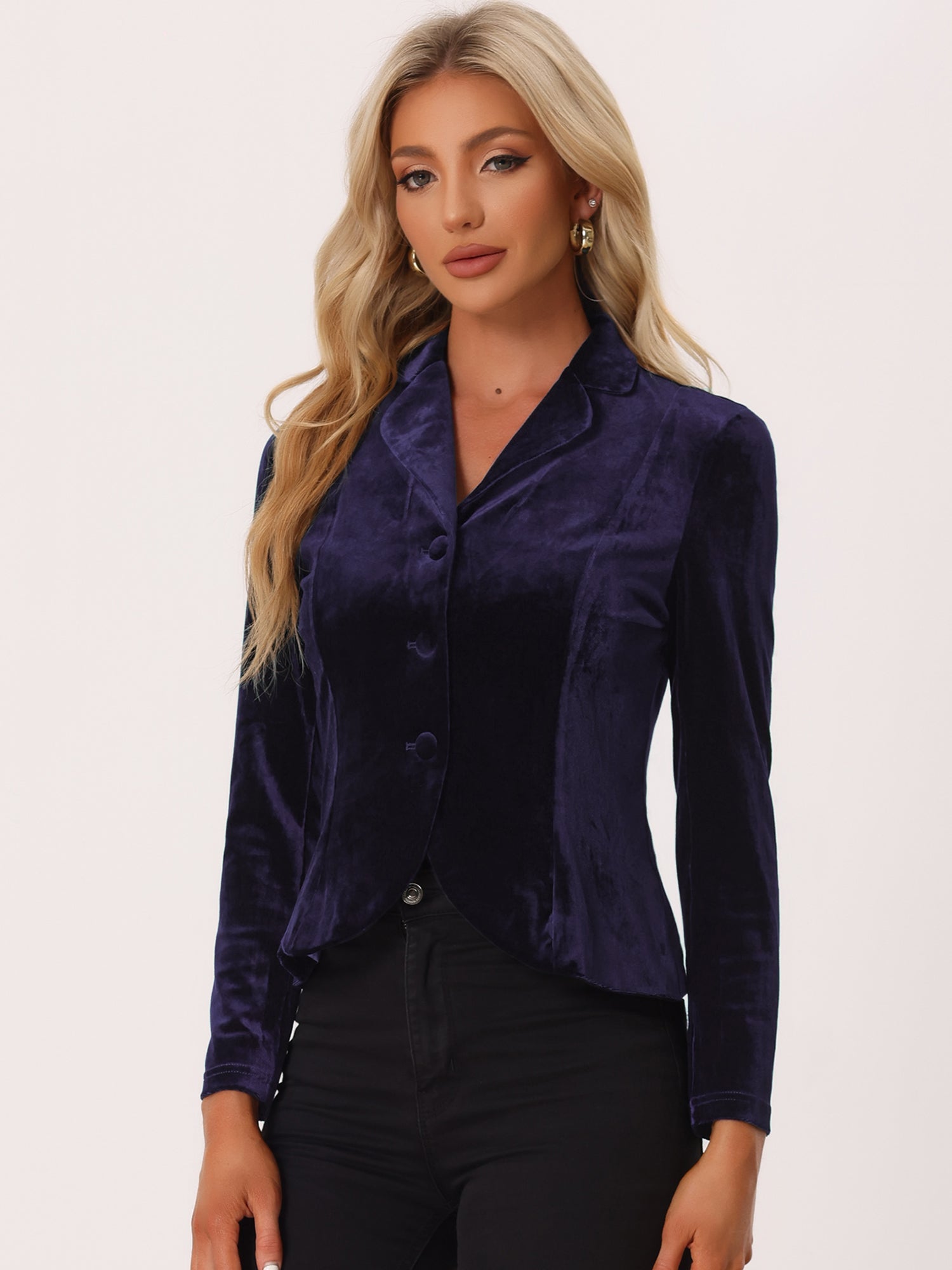 Notched Lapel Long Sleeve Office Business Button Velvet Blazer