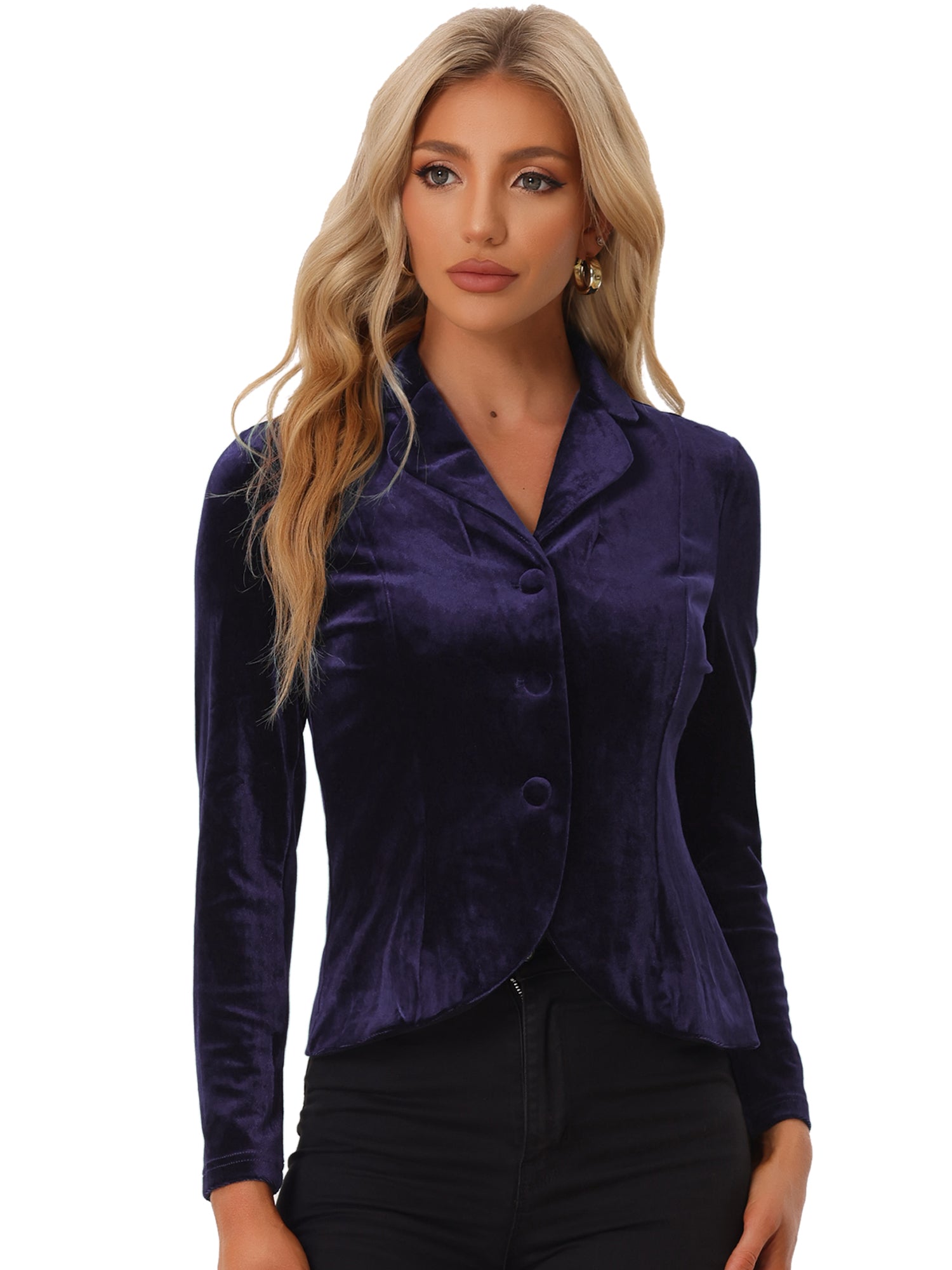 Notched Lapel Long Sleeve Office Business Button Velvet Blazer