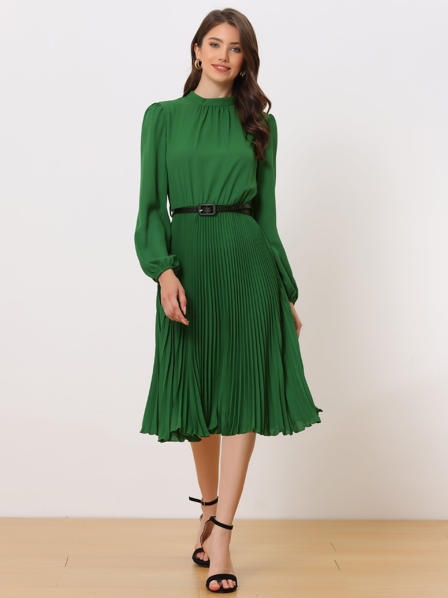 Stand Collar Long Sleeve Belted Pleated Midi Dress