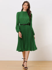Stand Collar Long Sleeve Belted Pleated Midi Dress