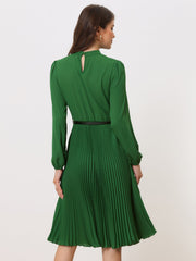 Stand Collar Long Sleeve Belted Pleated Midi Dress
