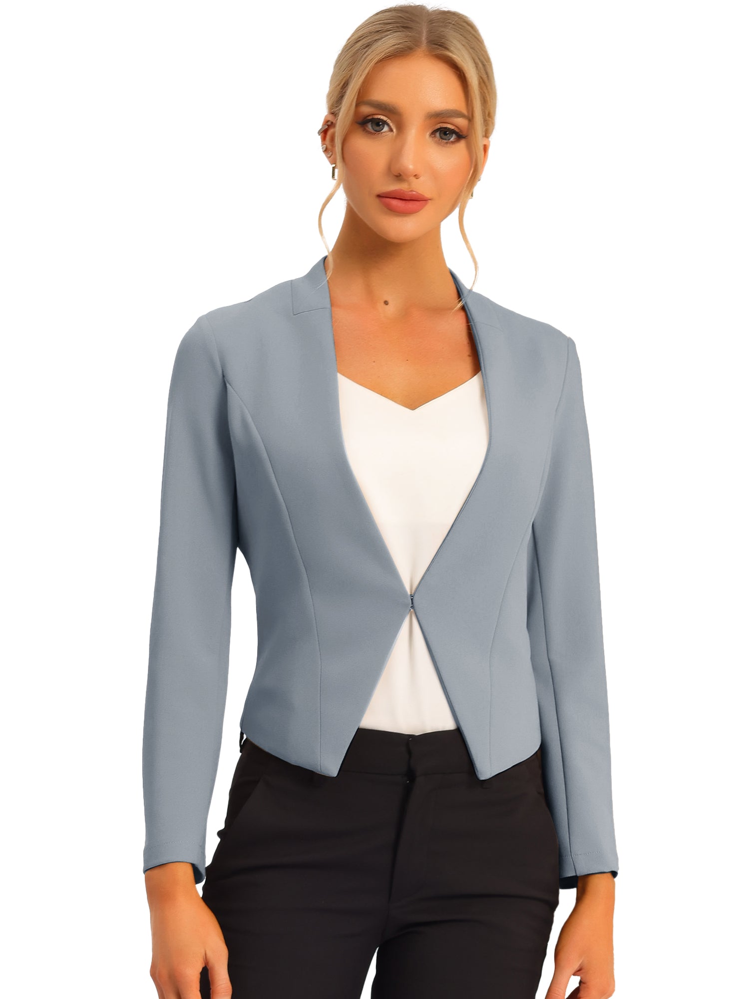 Collarless Solid Color Cropped Office Blazer Jacket