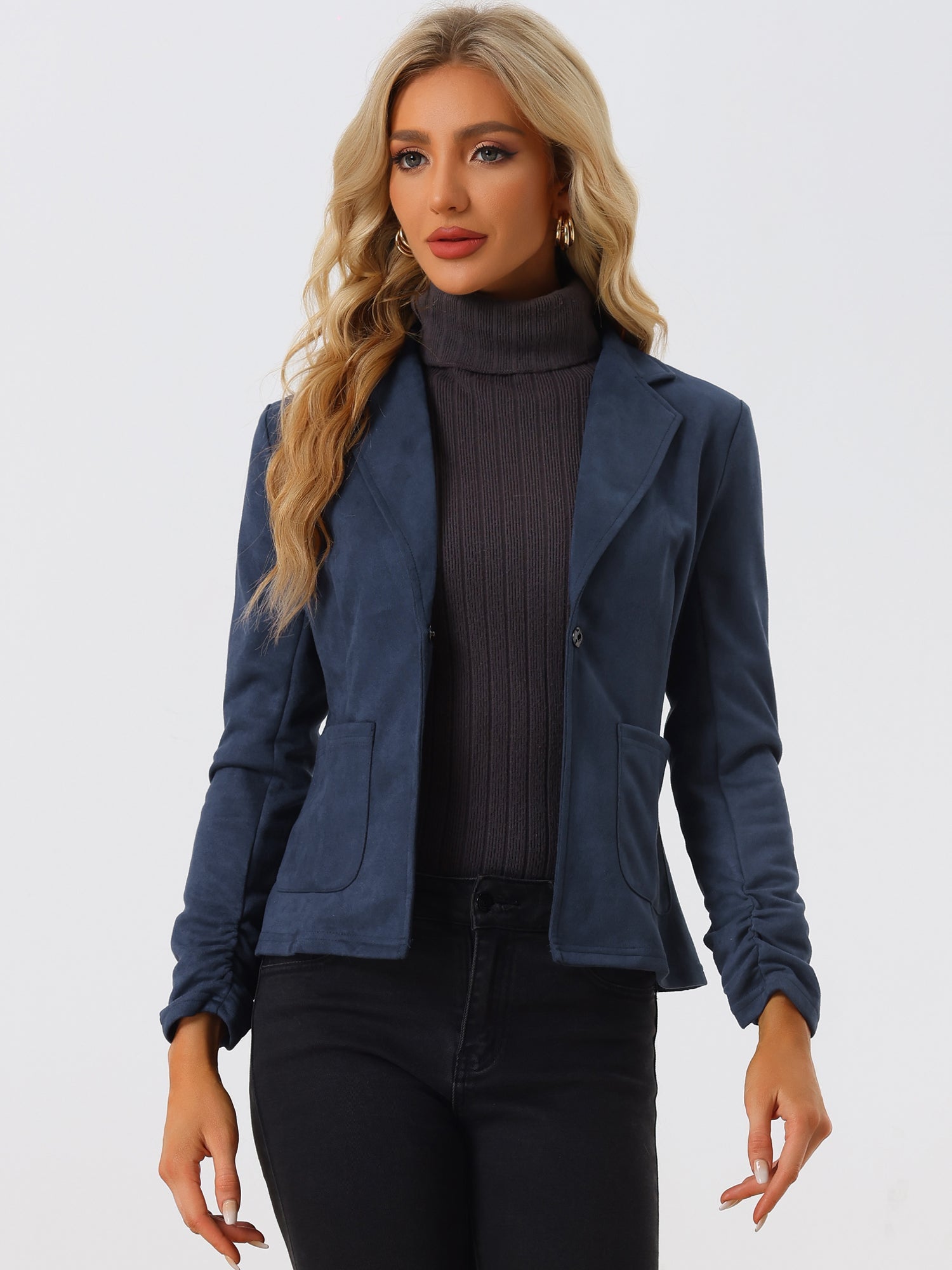 Long Sleeve Casual Open Front Drawstring Faux Suede Blazer