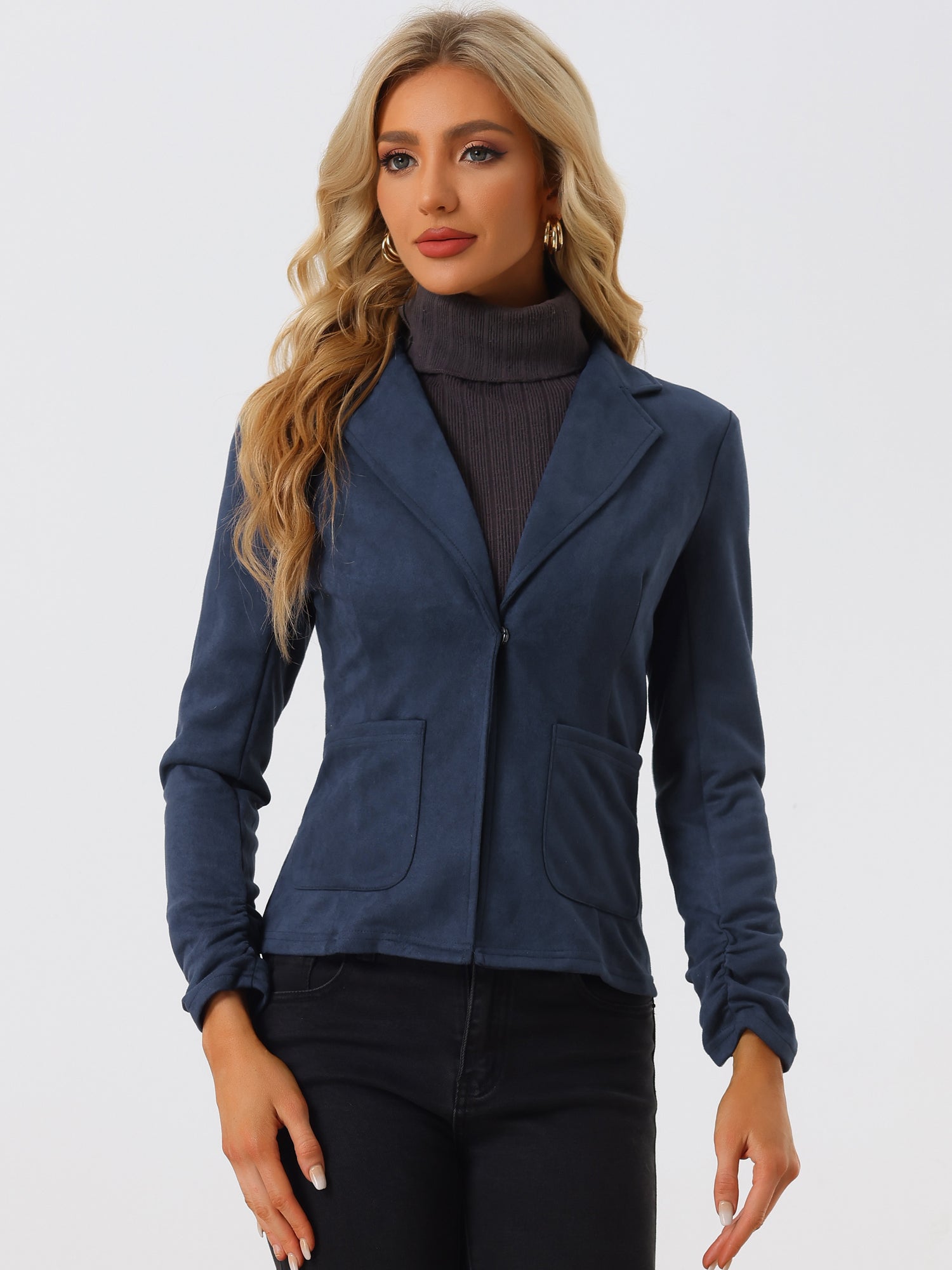 Long Sleeve Casual Open Front Drawstring Faux Suede Blazer