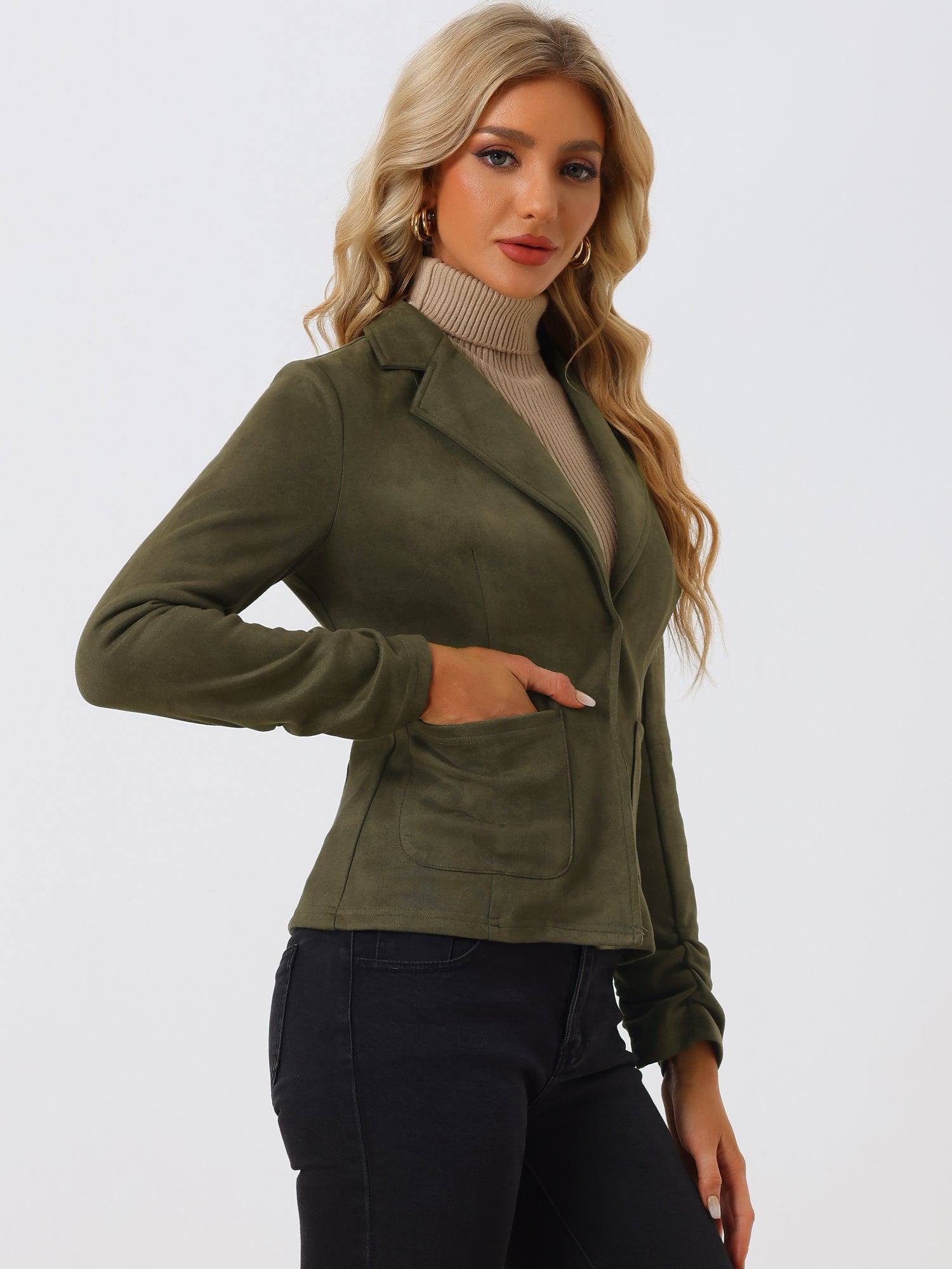 Long Sleeve Casual Open Front Drawstring Faux Suede Blazer
