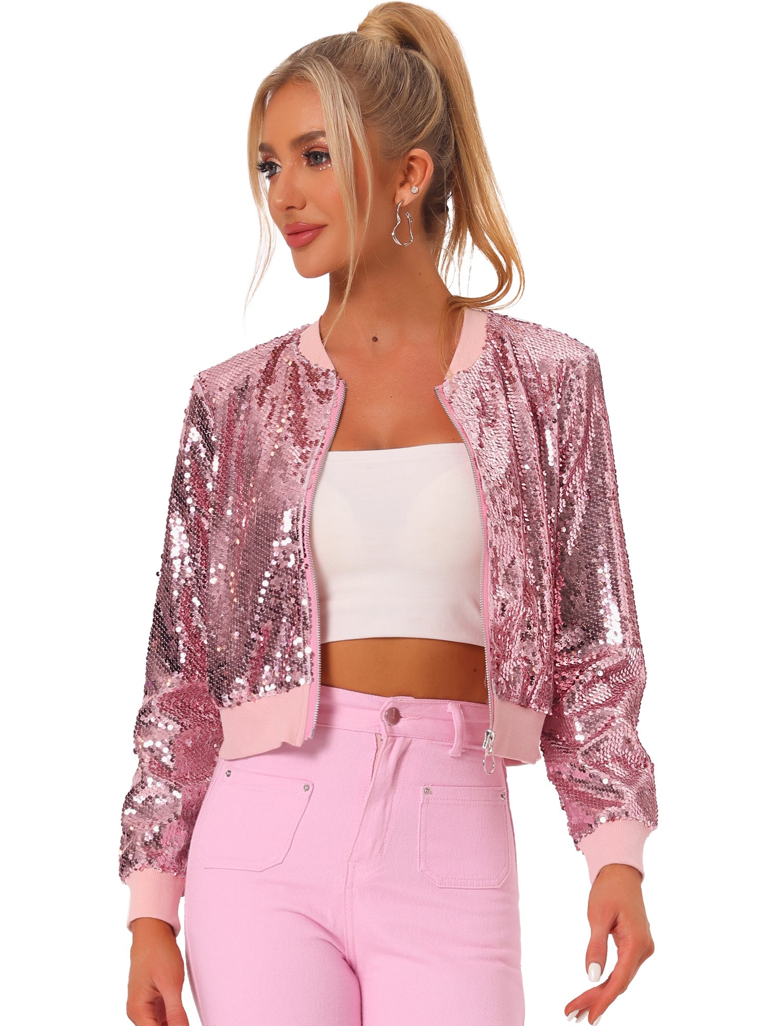 Sequin Long Sleeve Zipper Up Collarless Glitter Bomber Jacket