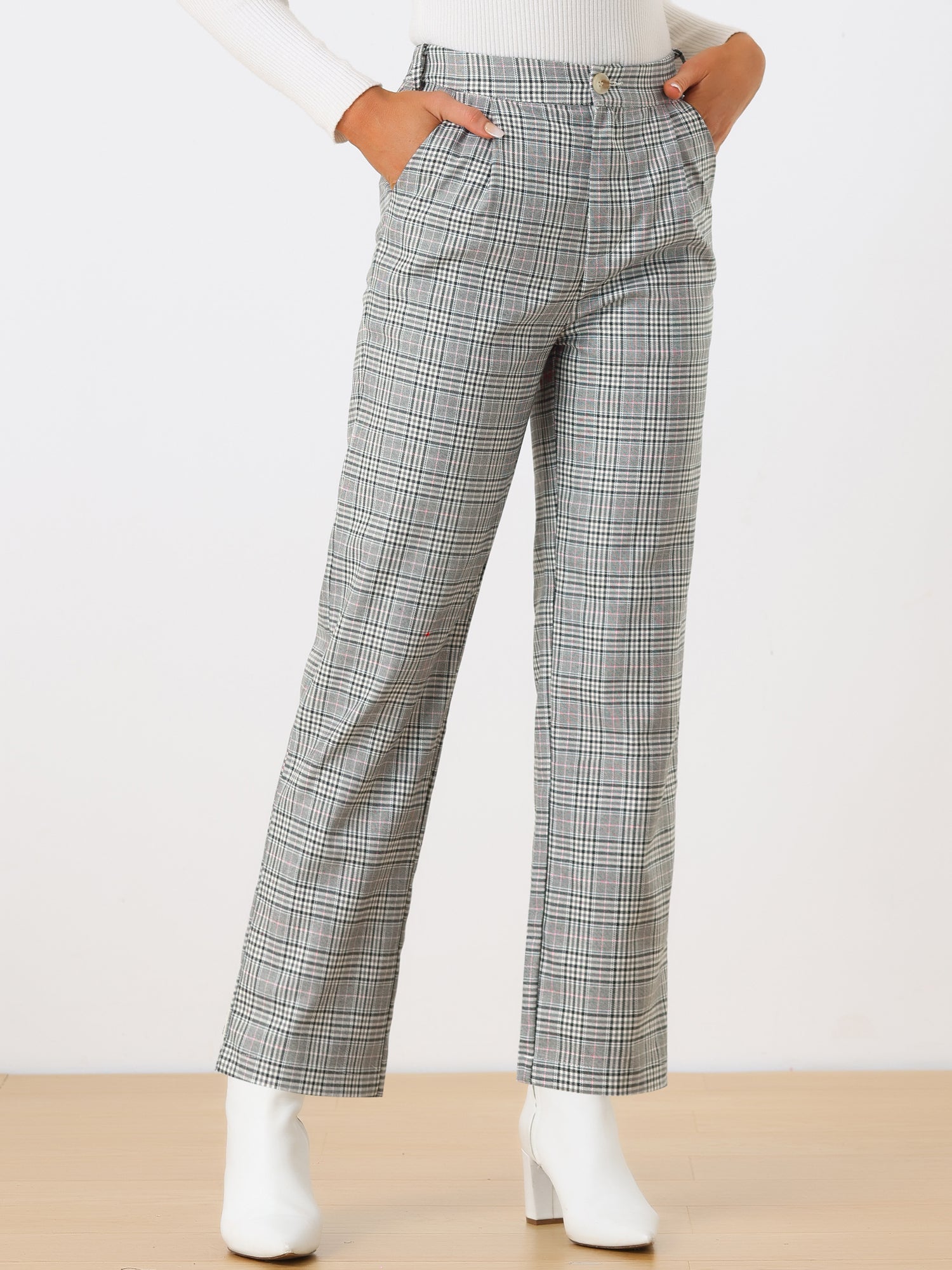 Plaid Elastic Waist Casual Work Office Long Pants
