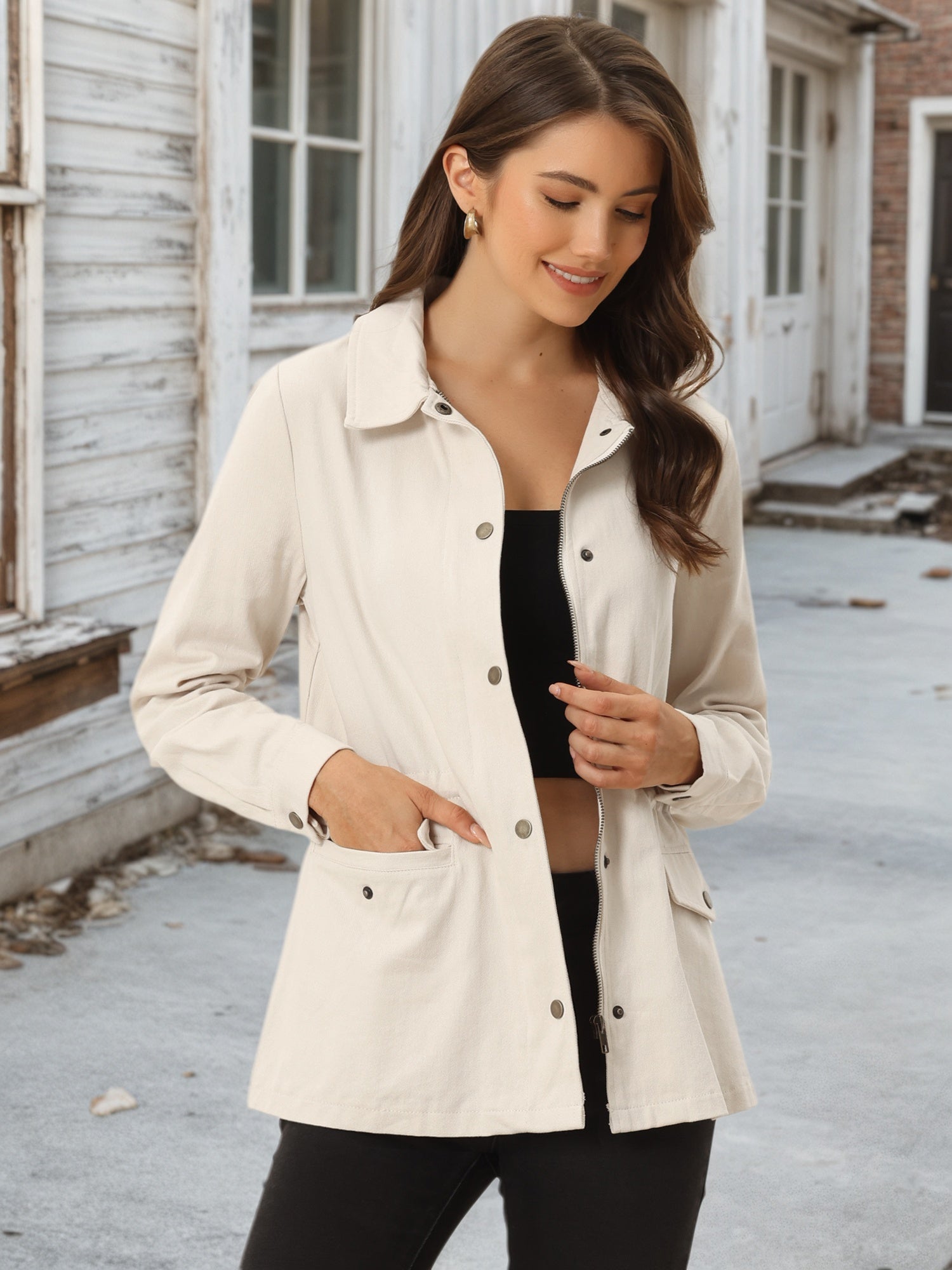 Drawstring Waist Flap Pocket Lightweight Utility Safari Jacket