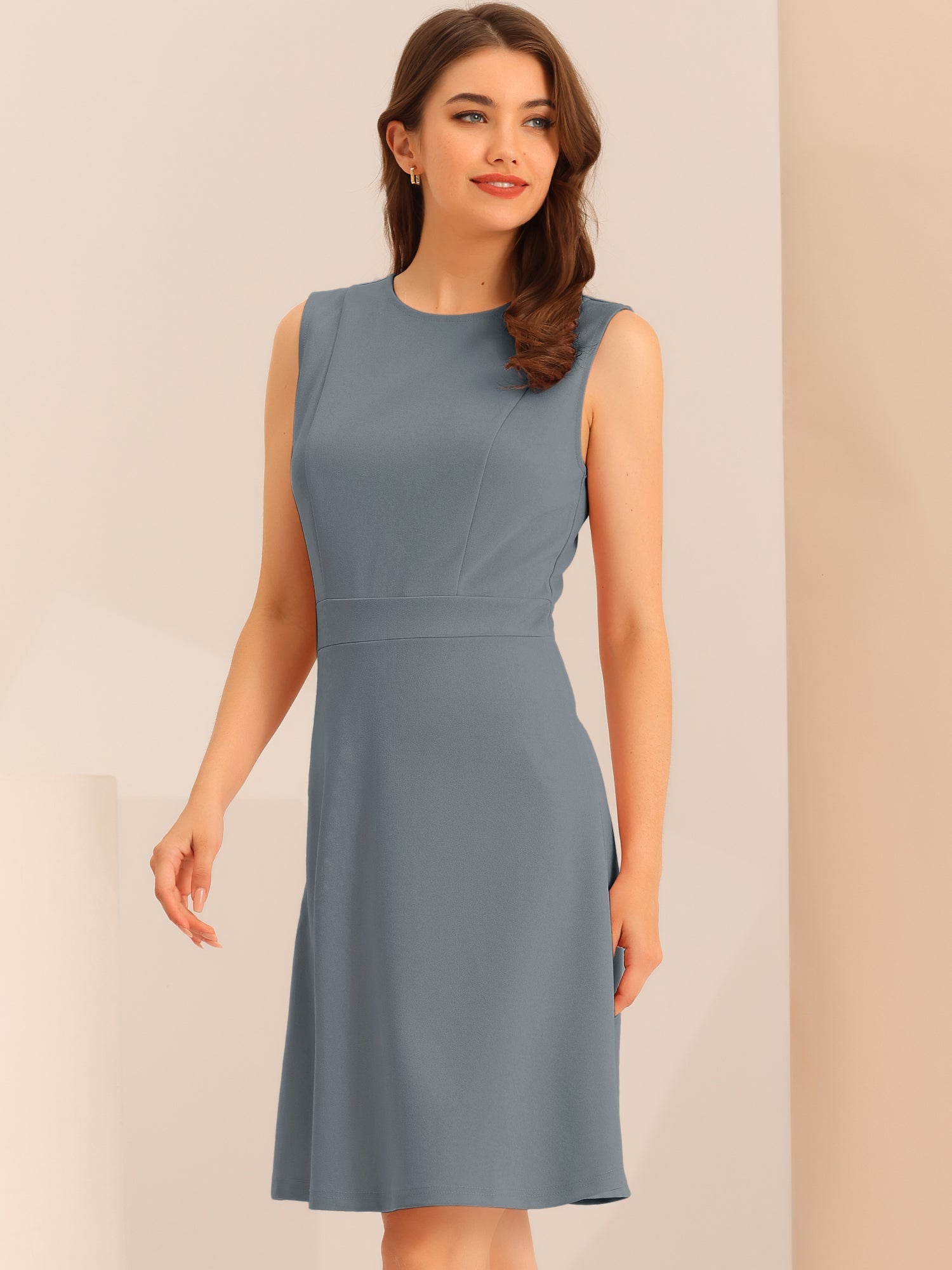 Round Neck Solid Color Sleeveless A-Line Work Midi Dress