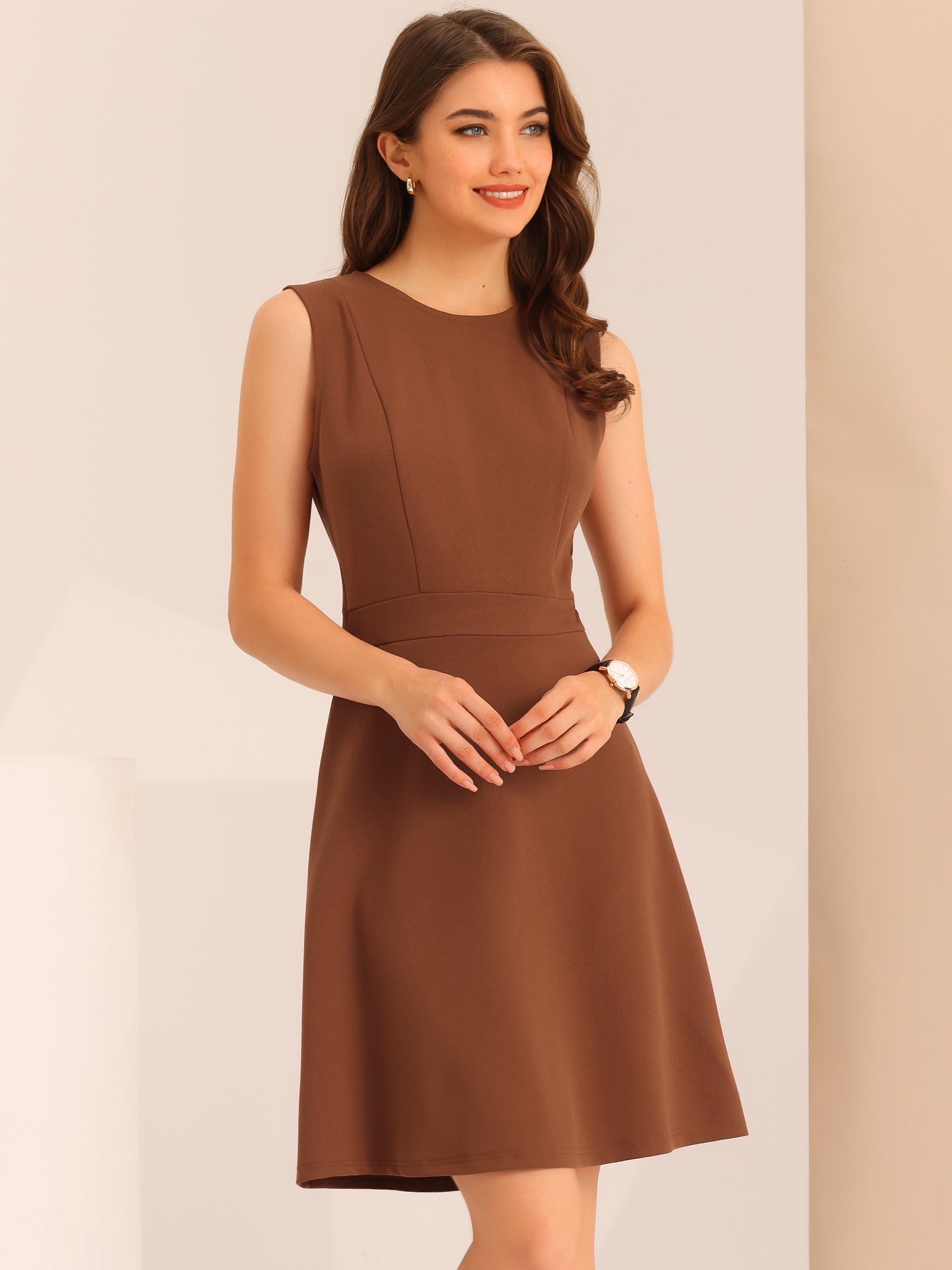 Round Neck Solid Color Sleeveless A-Line Work Midi Dress