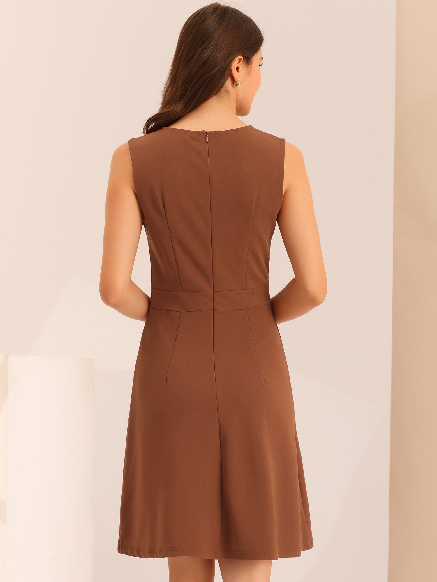 Round Neck Solid Color Sleeveless A-Line Work Midi Dress