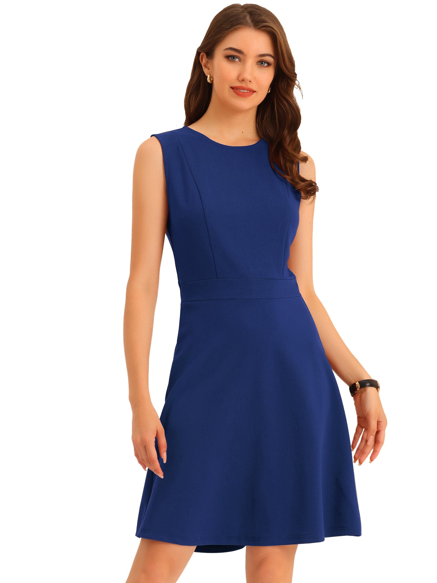 Round Neck Solid Color Sleeveless A-Line Work Midi Dress