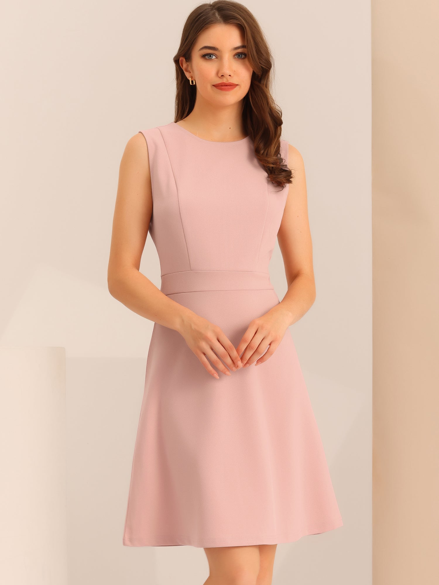 Round Neck Solid Color Sleeveless A-Line Work Midi Dress