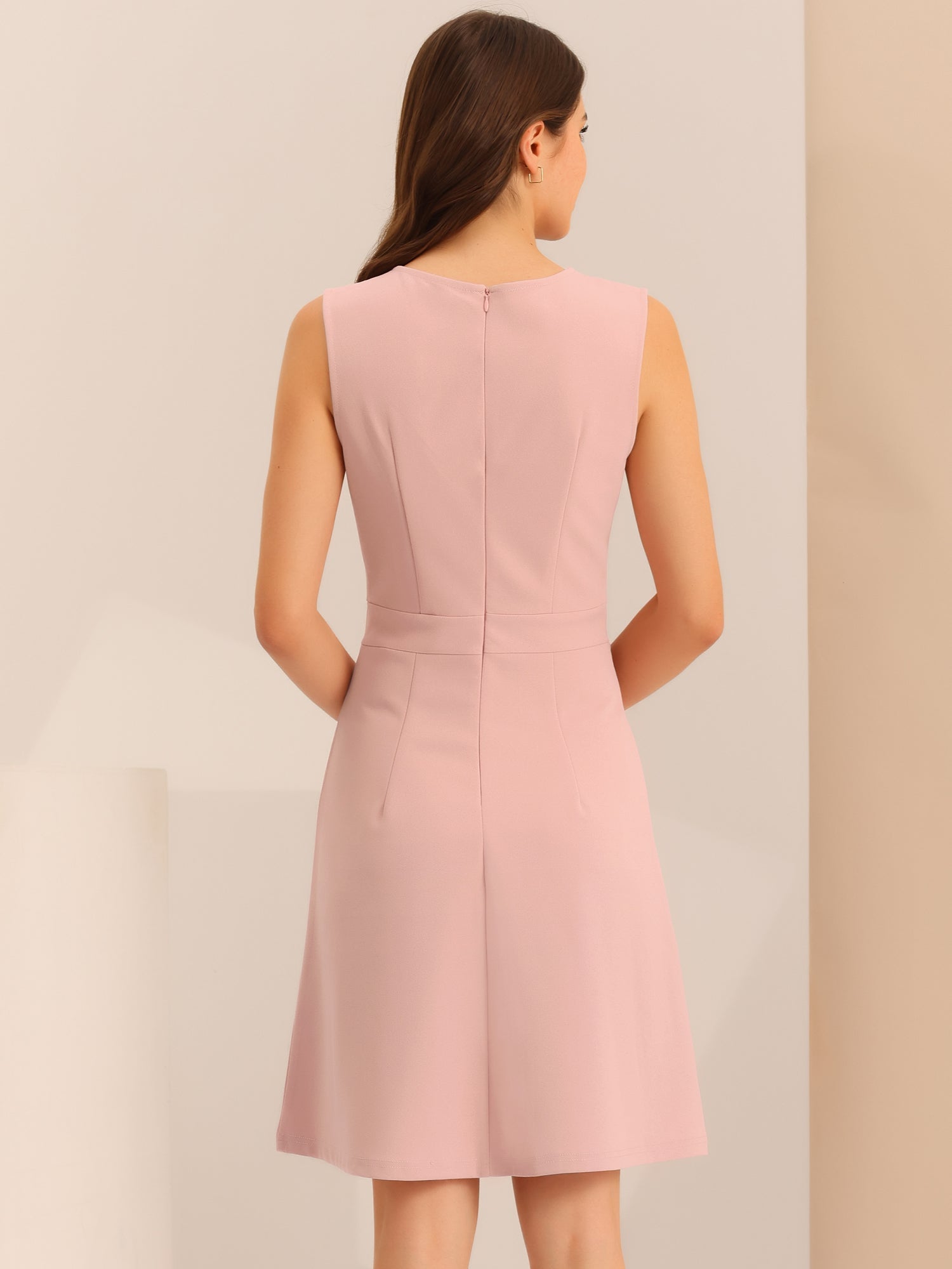 Round Neck Solid Color Sleeveless A-Line Work Midi Dress