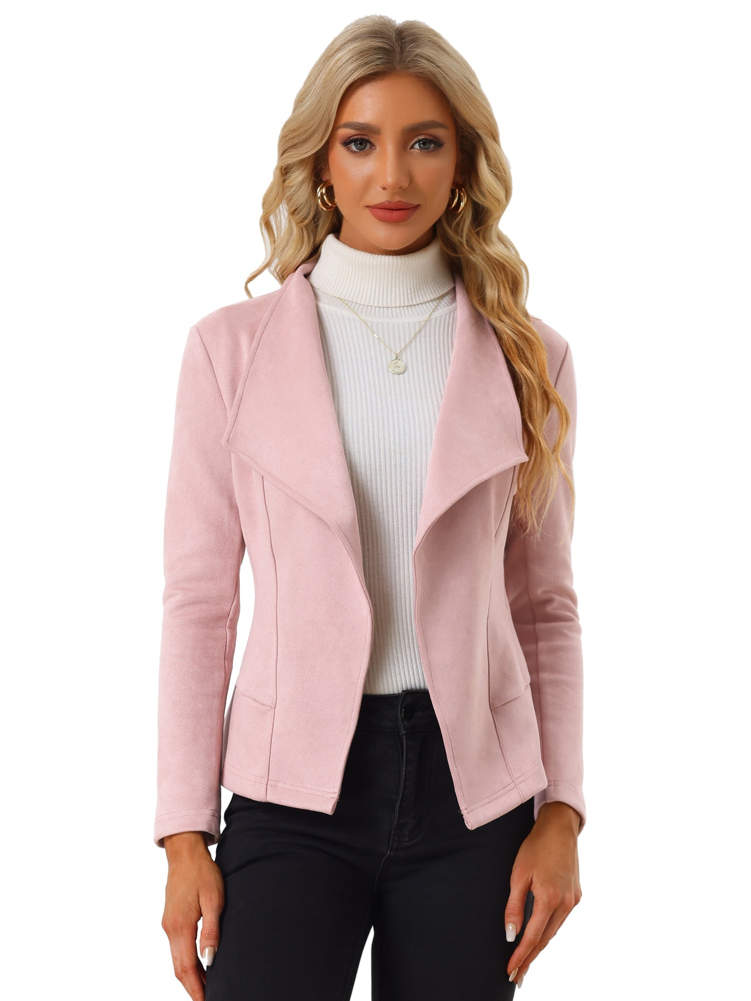 Faux Suede Jacket Open Front Lapel Draped Outwear Cardigan