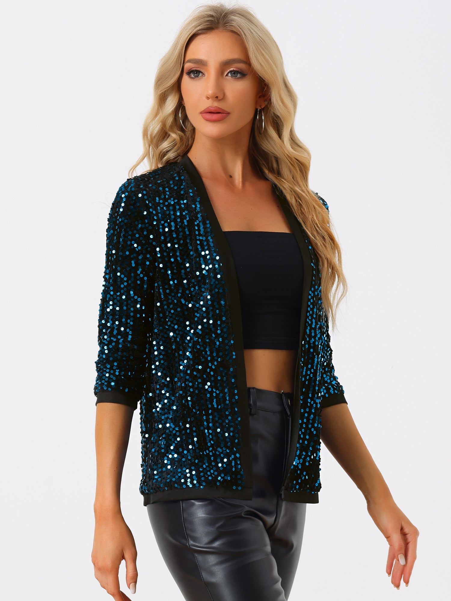 Sequin Open Front Collarless 3/4 Sleeve Velvet Jacket