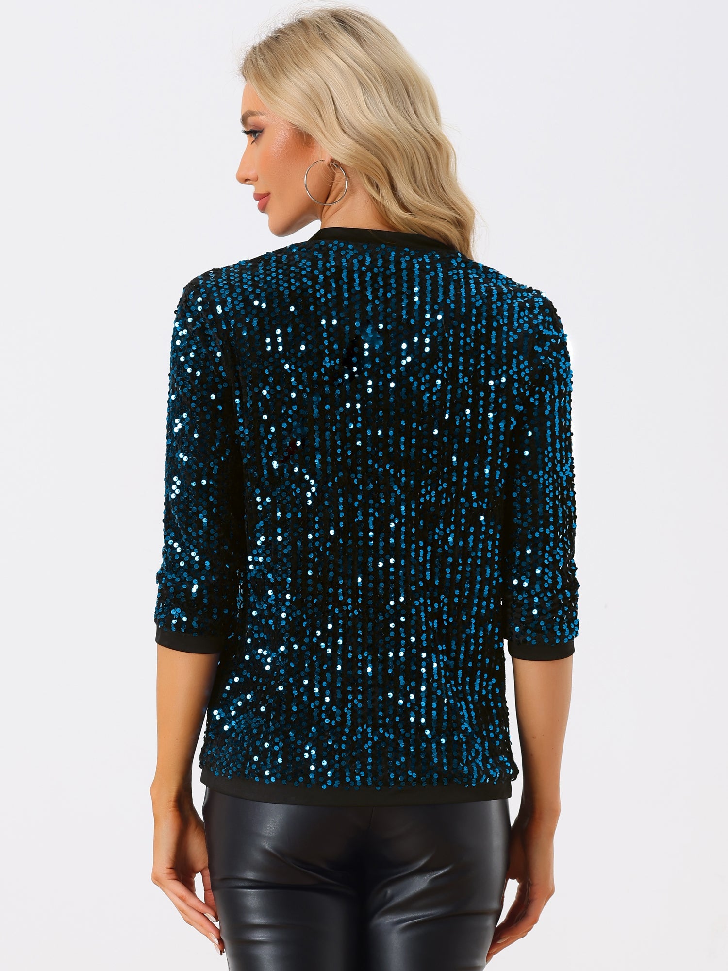 Sequin Open Front Collarless 3/4 Sleeve Velvet Jacket