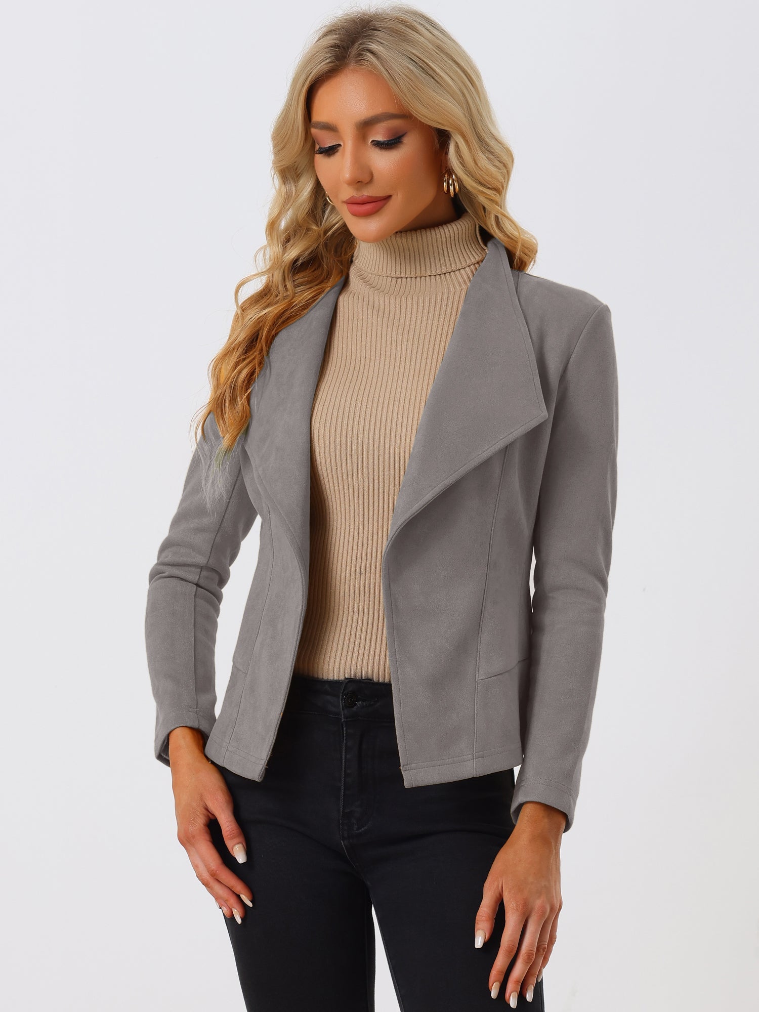 Faux Suede Jacket Open Front Lapel Draped Outwear Cardigan