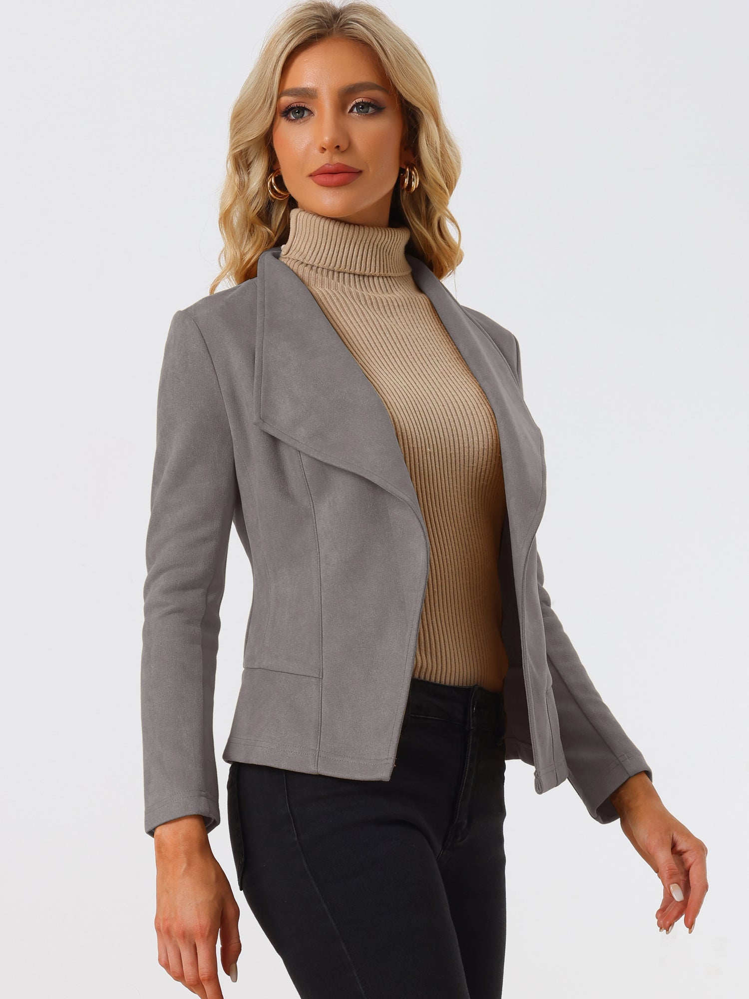Faux Suede Jacket Open Front Lapel Draped Outwear Cardigan