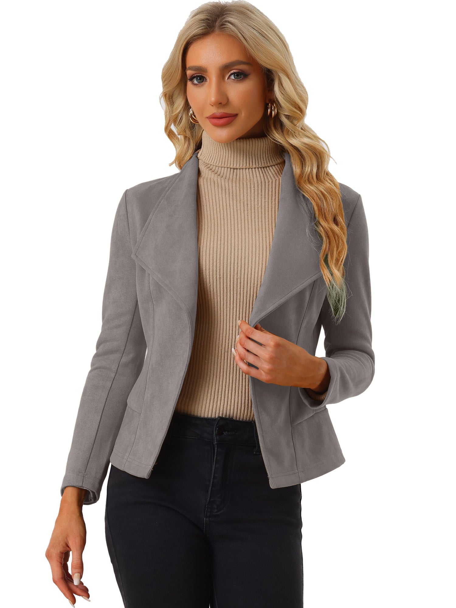 Faux Suede Jacket Open Front Lapel Draped Outwear Cardigan
