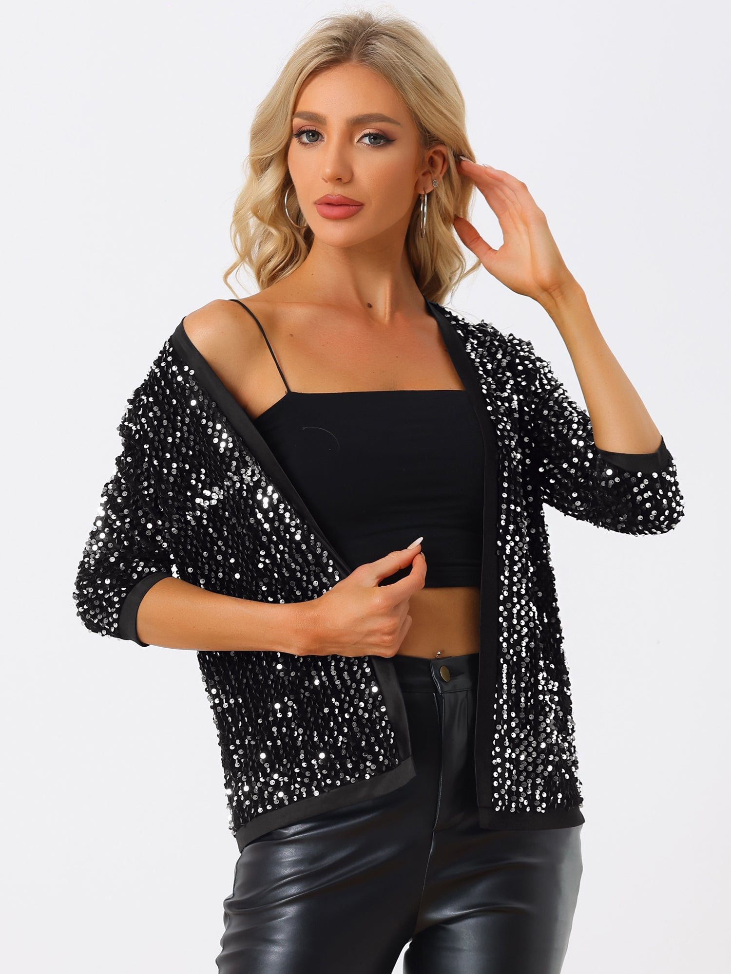 Sequin Open Front Collarless 3/4 Sleeve Velvet Jacket