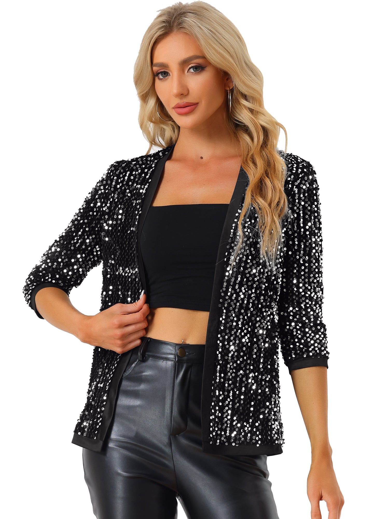 Sequin Open Front Collarless 3/4 Sleeve Velvet Jacket