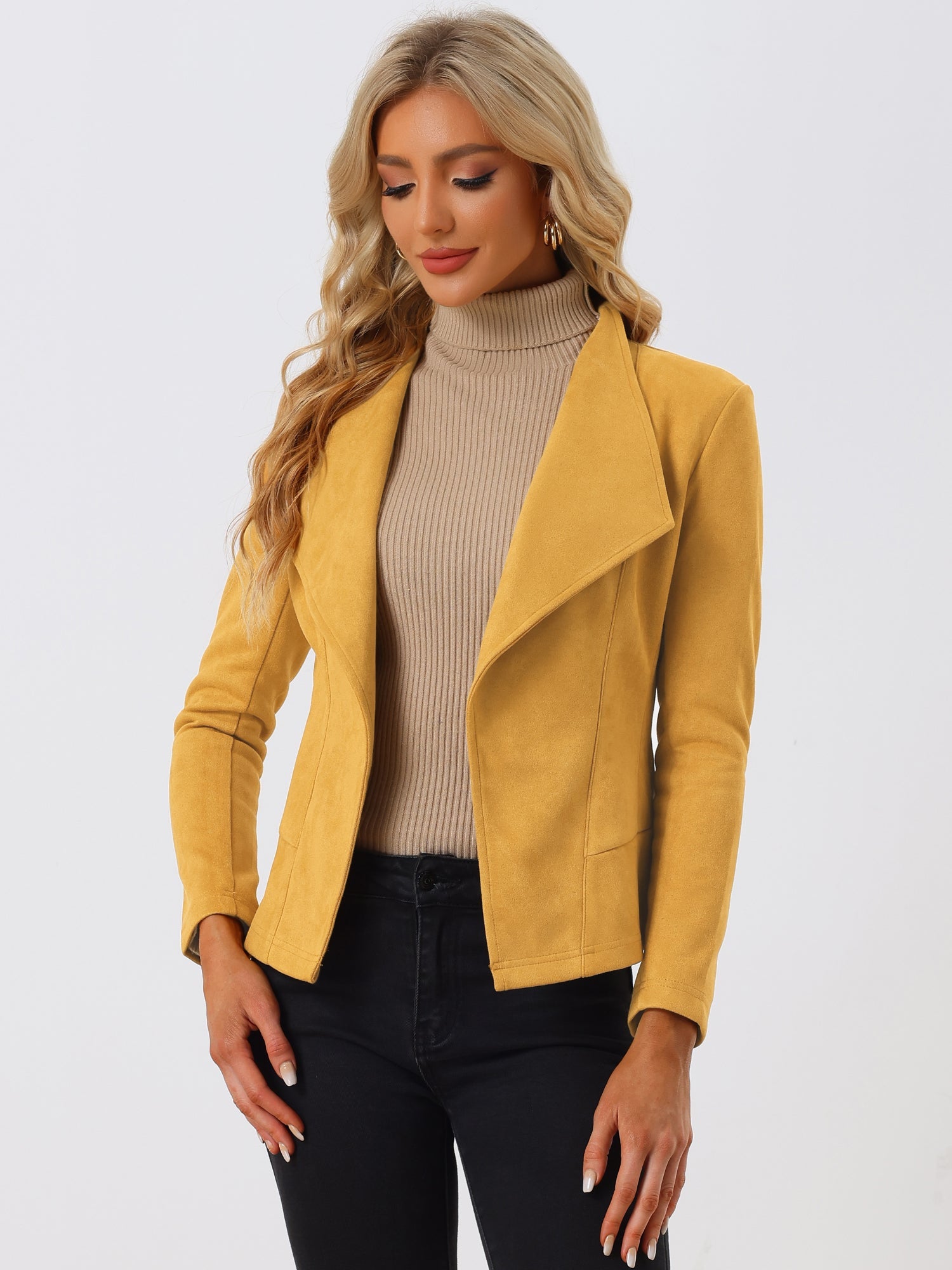 Faux Suede Jacket Open Front Lapel Draped Outwear Cardigan