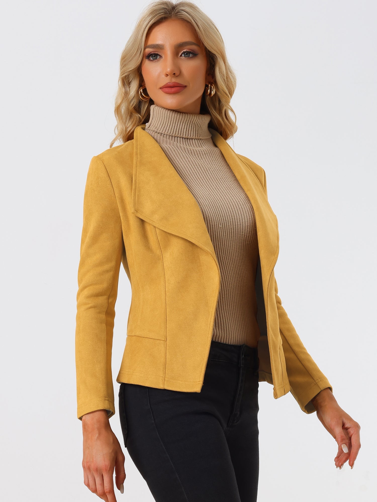 Faux Suede Jacket Open Front Lapel Draped Outwear Cardigan