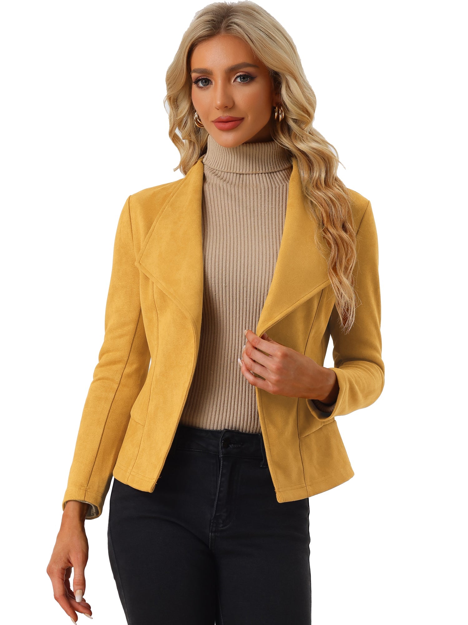 Faux Suede Jacket Open Front Lapel Draped Outwear Cardigan