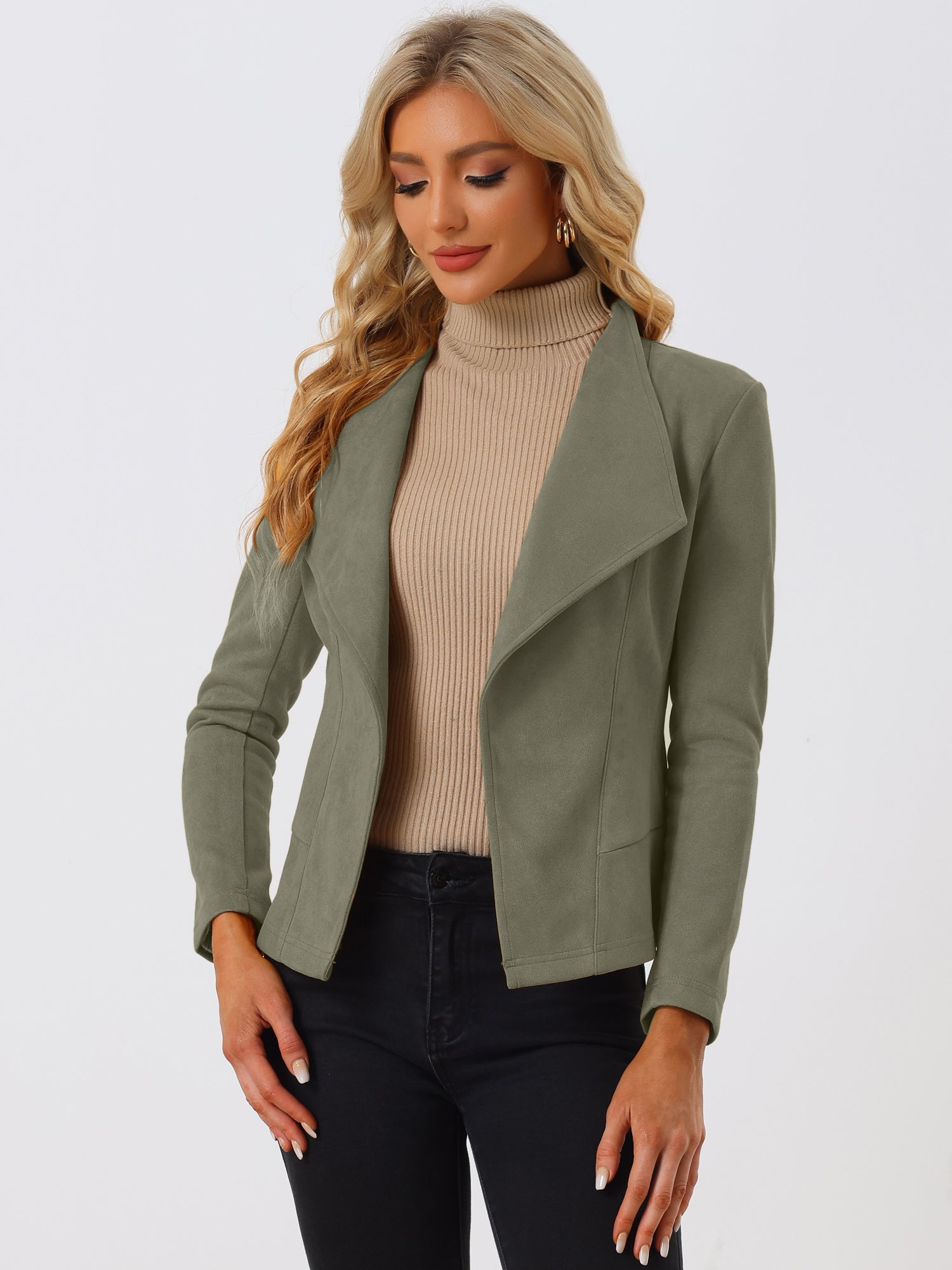 Faux Suede Jacket Open Front Lapel Draped Outwear Cardigan