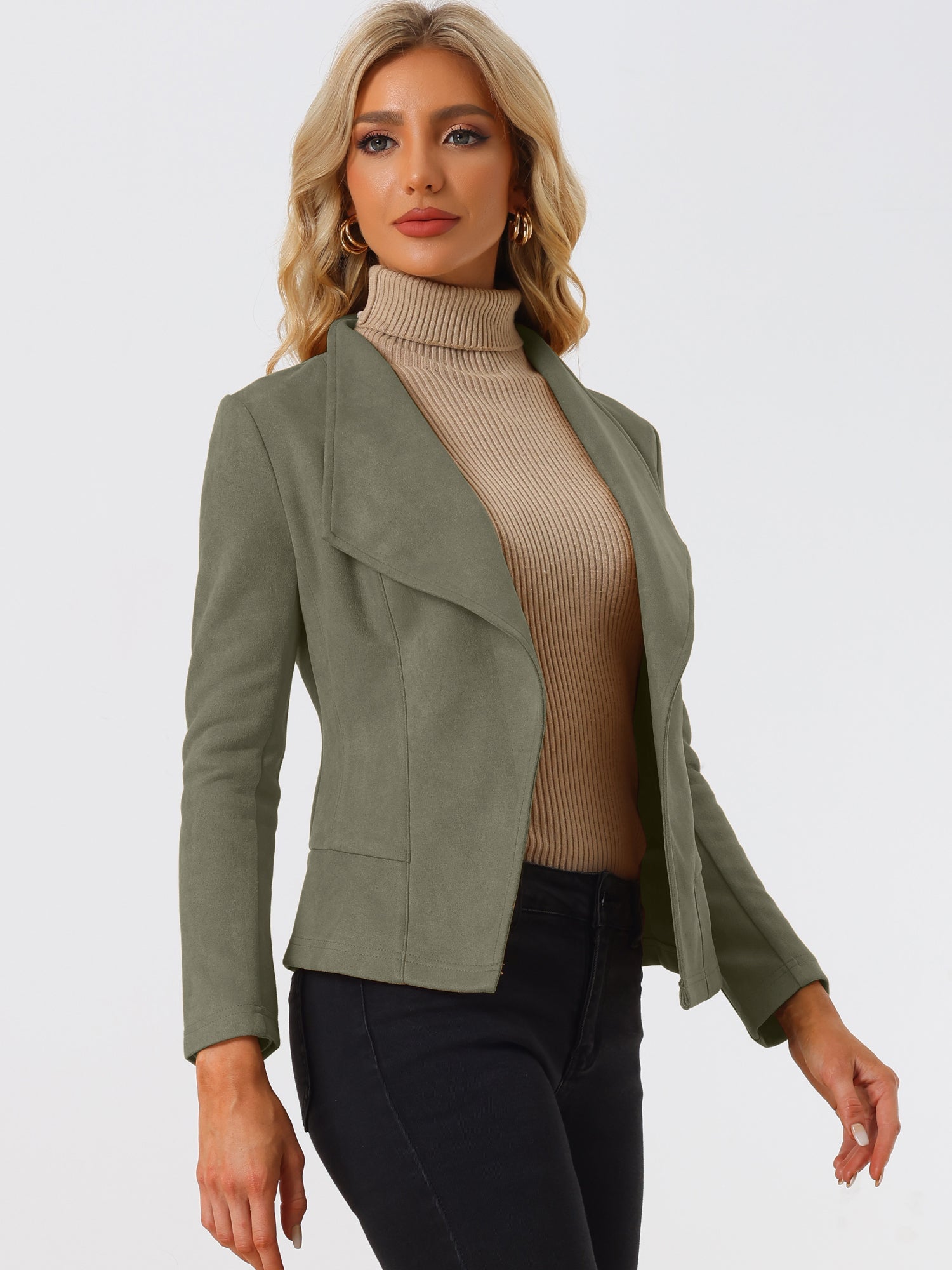 Faux Suede Jacket Open Front Lapel Draped Outwear Cardigan