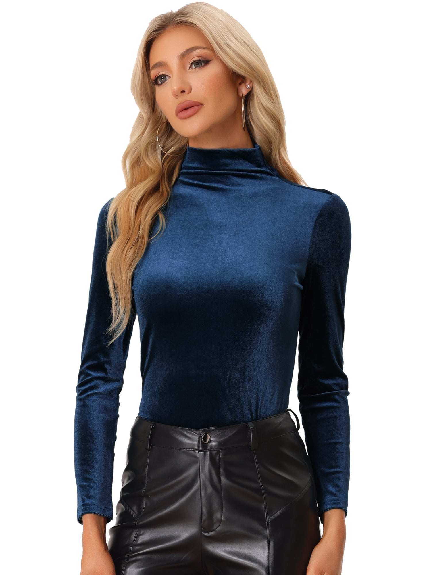 Turtleneck Velvet Top Long Sleeve Work Shirt Basic Velour Blouse