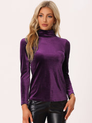 Turtleneck Velvet Top Long Sleeve Work Shirt Basic Velour Blouse