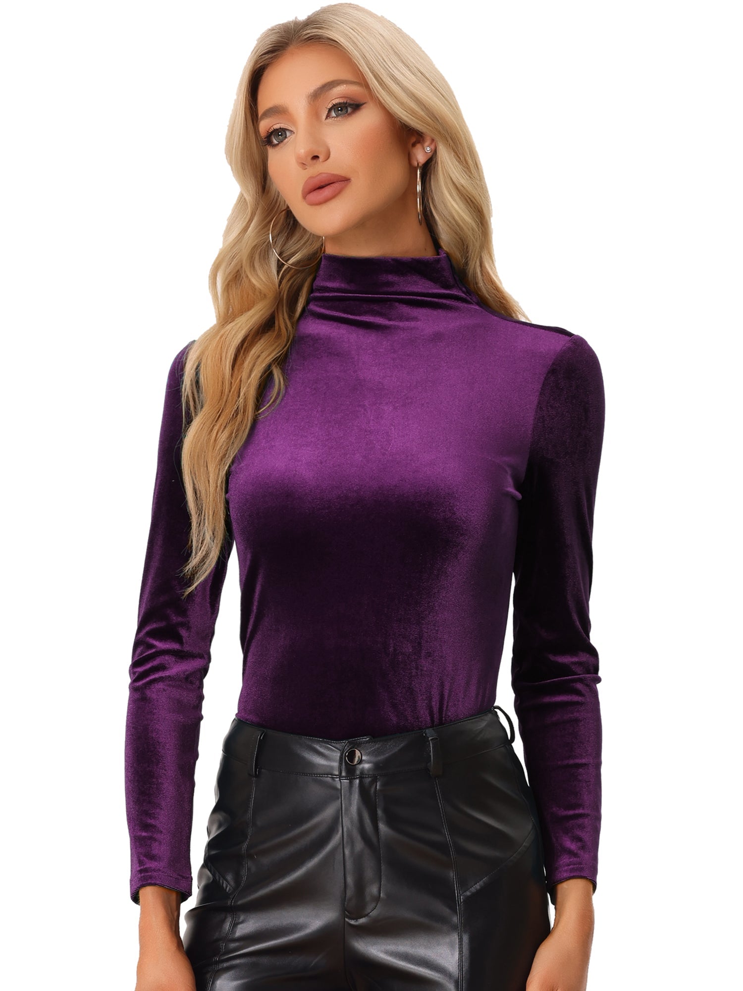 Turtleneck Velvet Top Long Sleeve Work Shirt Basic Velour Blouse