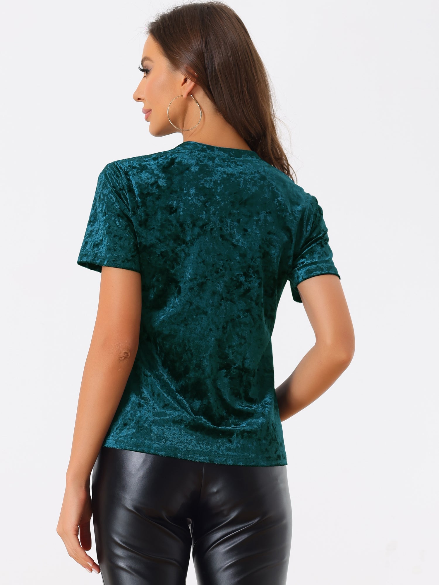 Velvet Crew Neck Short Sleeve Casual T-Shirt Top