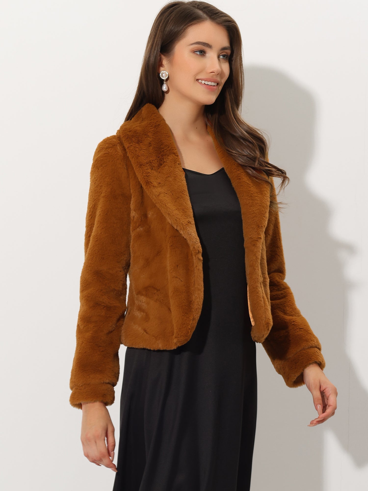 Winter Cropped Jacket Lapel Long Sleeve Faux Fur Fluffy Coat