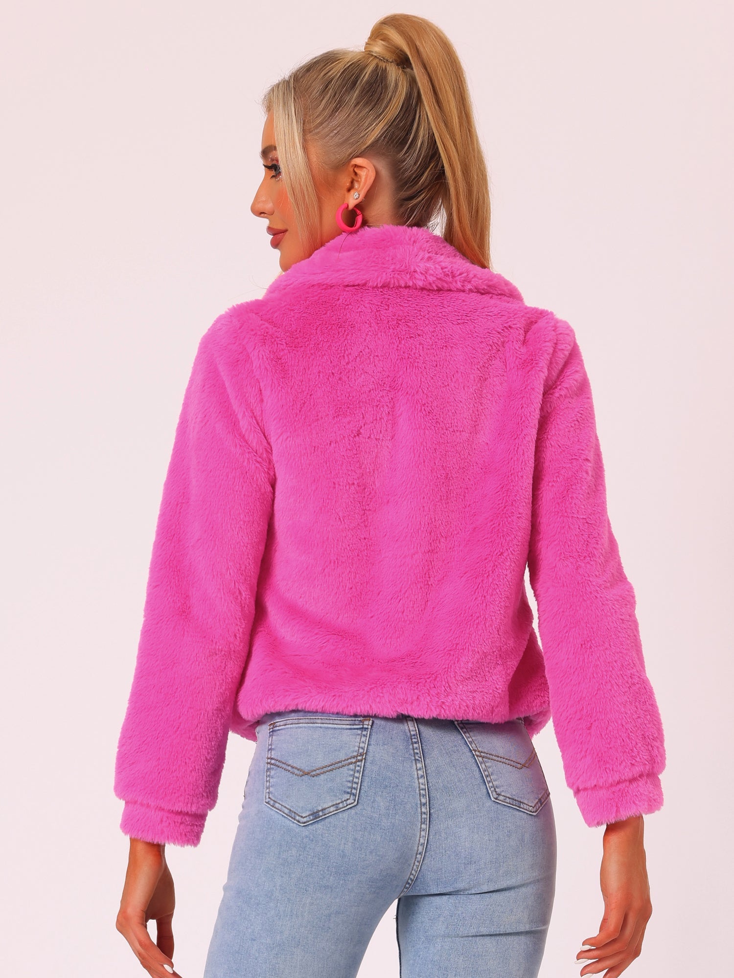 Winter Cropped Jacket Lapel Long Sleeve Faux Fur Fluffy Coat