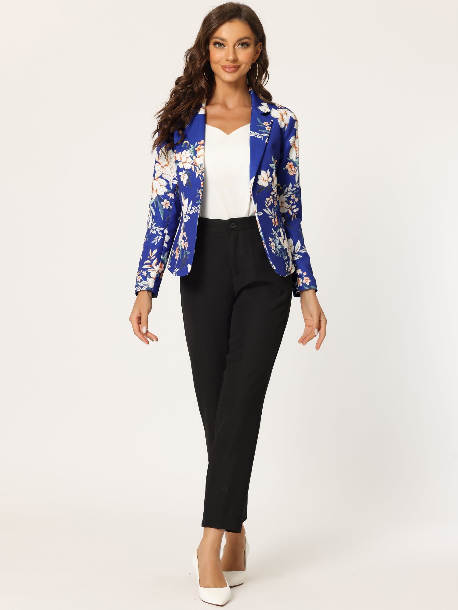 Open Front Notch Lapel Floral Business Casual Suit Blazer
