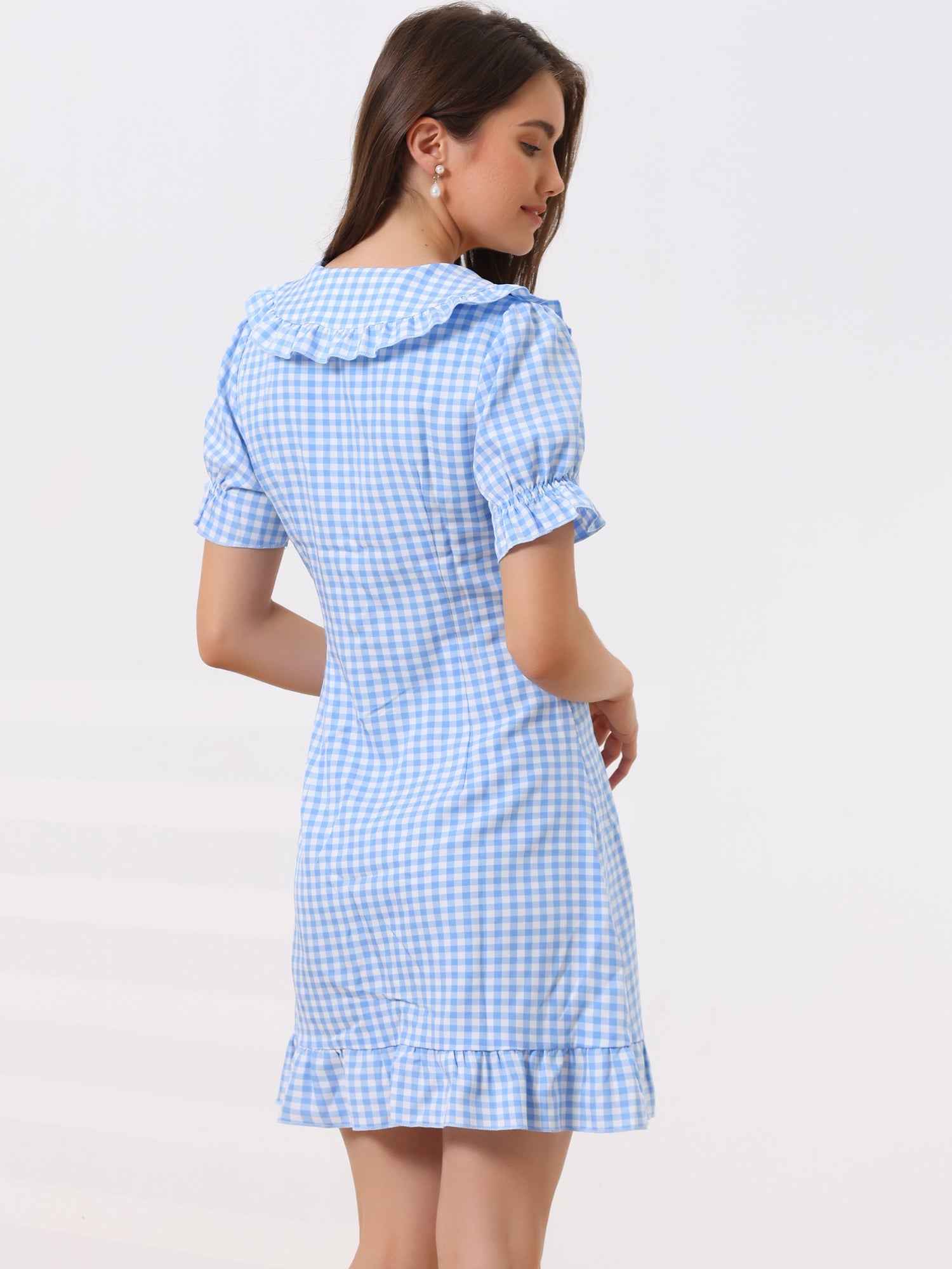 Gingham Checks Ruffled Peter Pan Collar 1960s Vintage Mini Dress