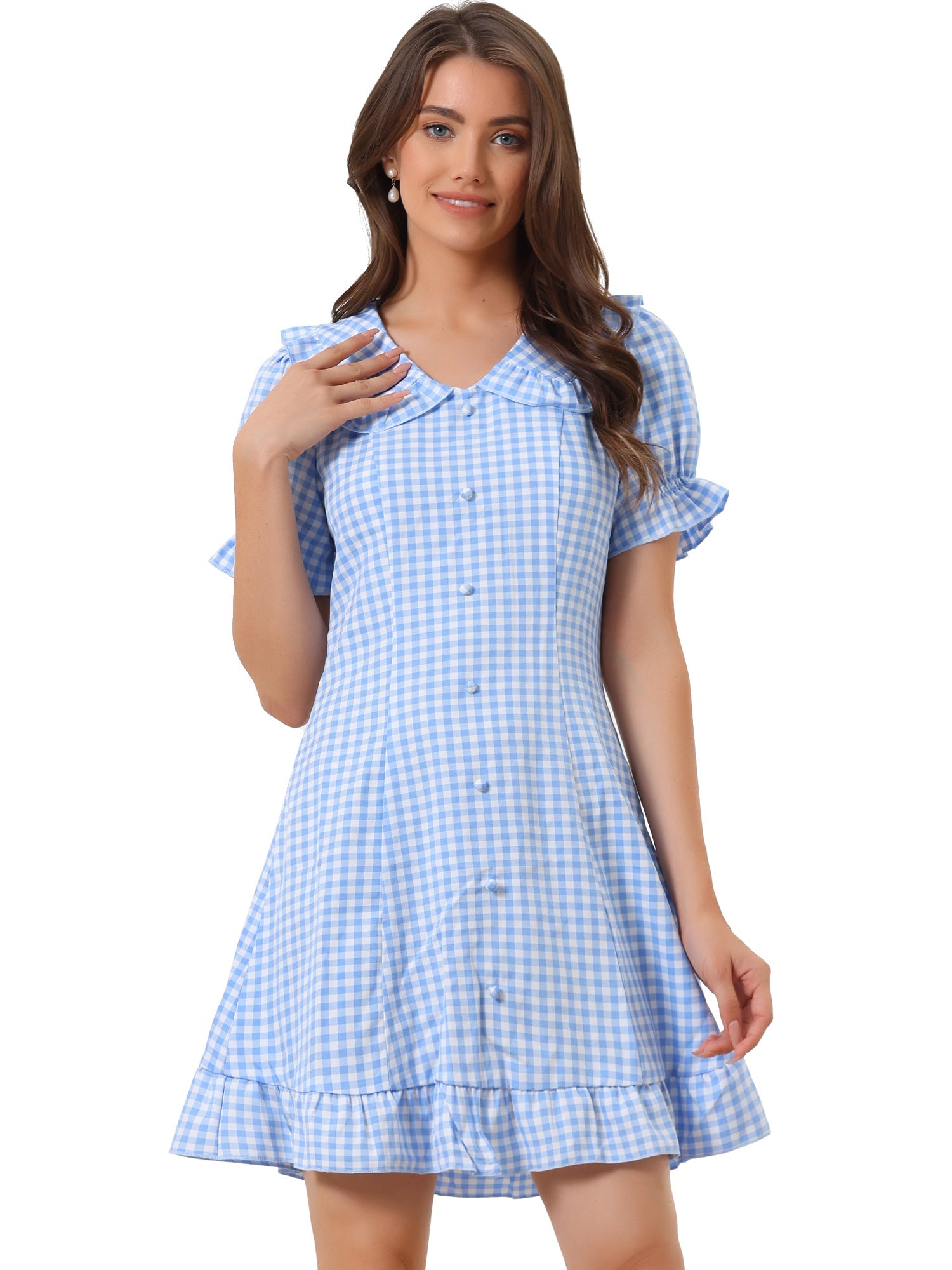 Gingham Checks Ruffled Peter Pan Collar 1960s Vintage Mini Dress