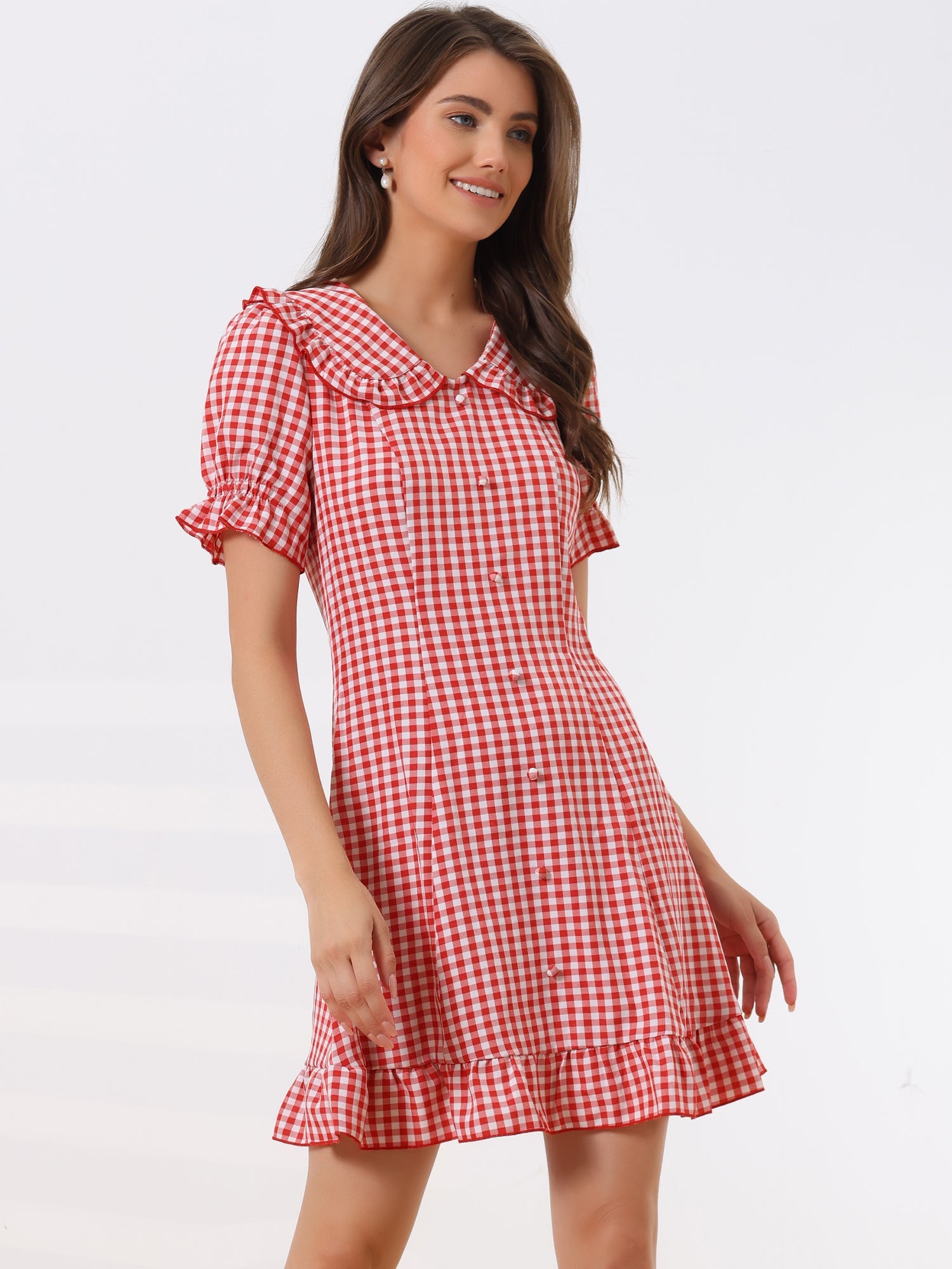 Gingham Checks Ruffled Peter Pan Collar 1960s Vintage Mini Dress