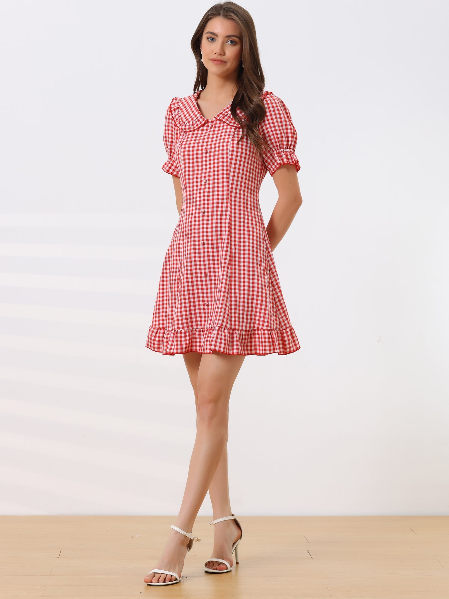 Gingham Checks Ruffled Peter Pan Collar 1960s Vintage Mini Dress