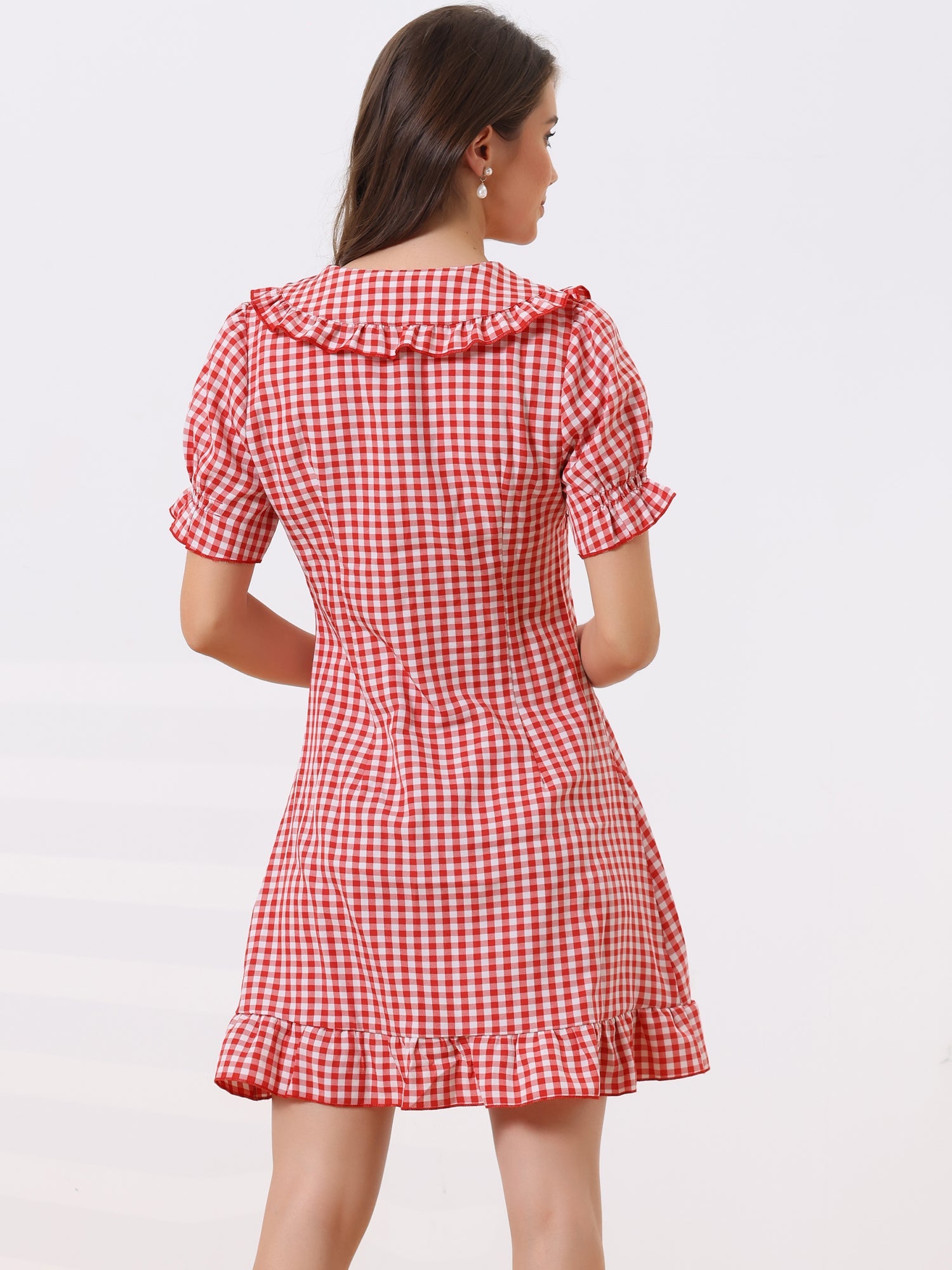 Gingham Checks Ruffled Peter Pan Collar 1960s Vintage Mini Dress