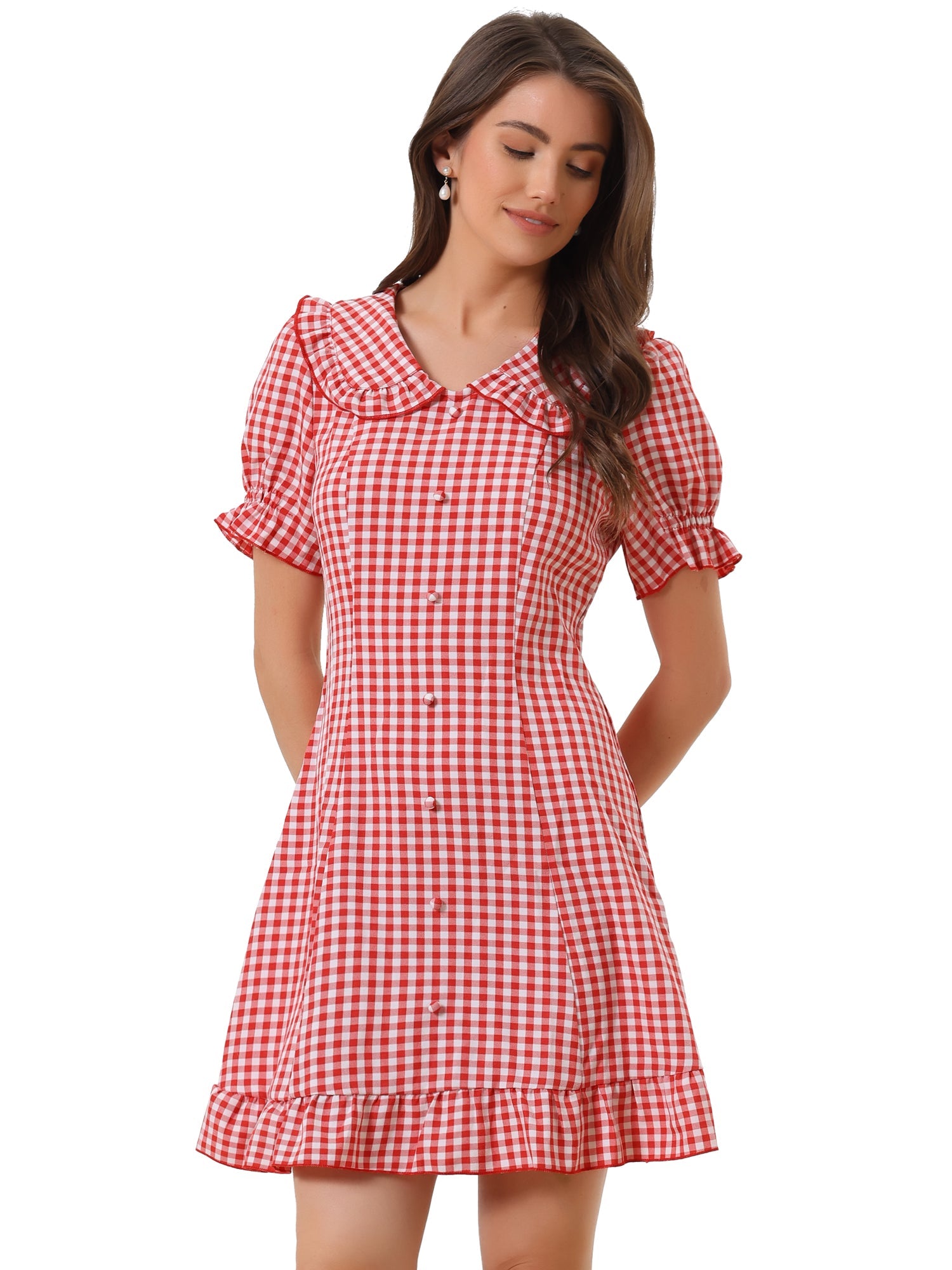 Gingham Checks Ruffled Peter Pan Collar 1960s Vintage Mini Dress