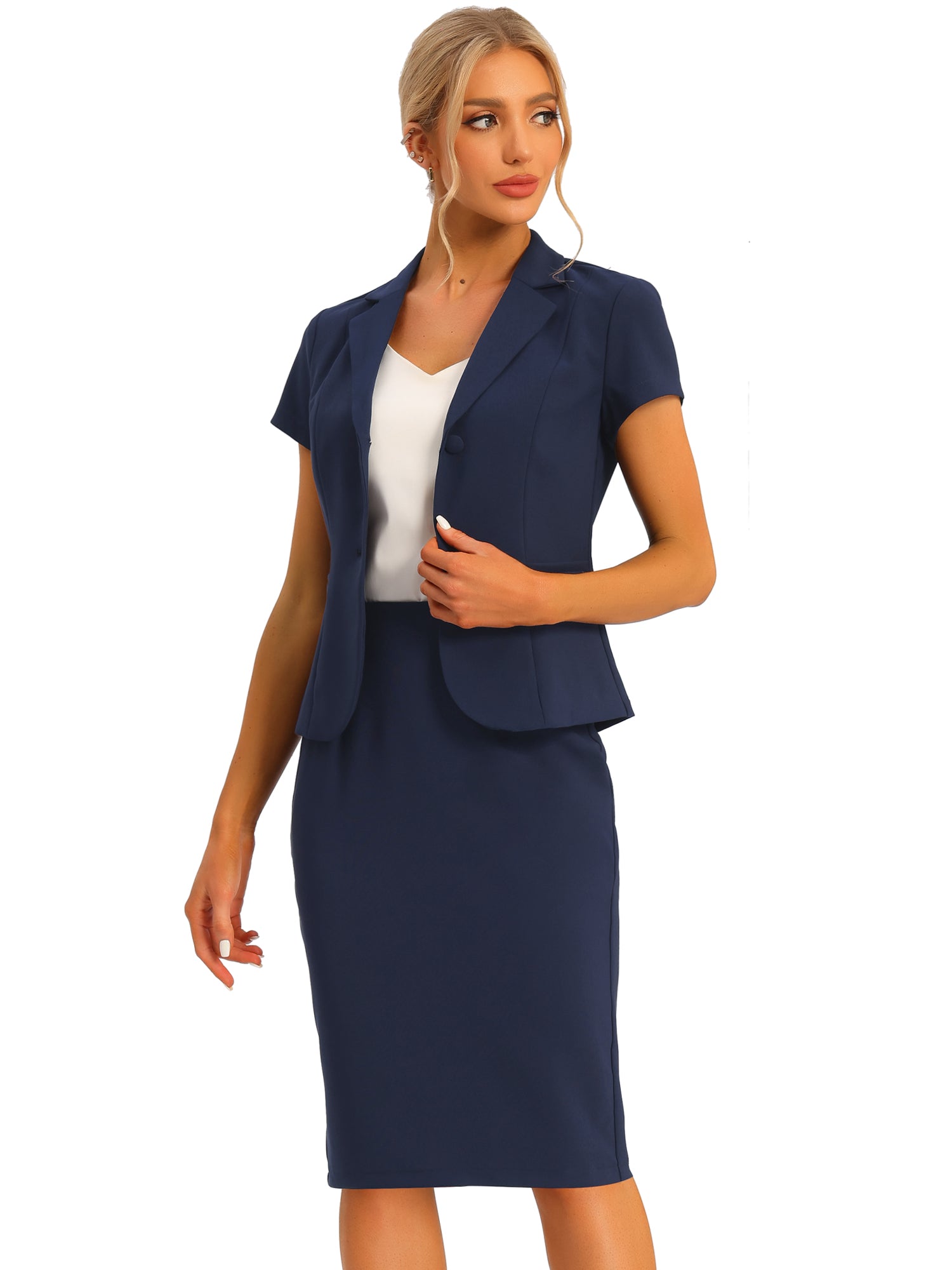 2 Piece Short Sleeve Notched Lapel Blazer Jacket & Pencil Midi Skirt Suit Set