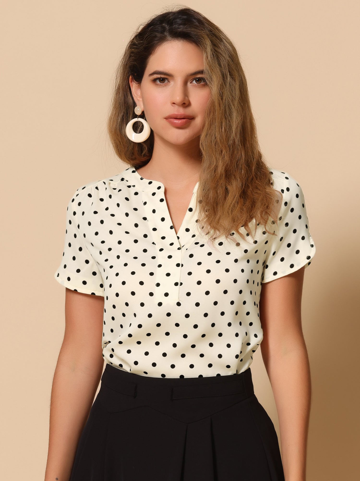 Polka Dots Print V Neck Short Sleeve Elegant Work Office Tops