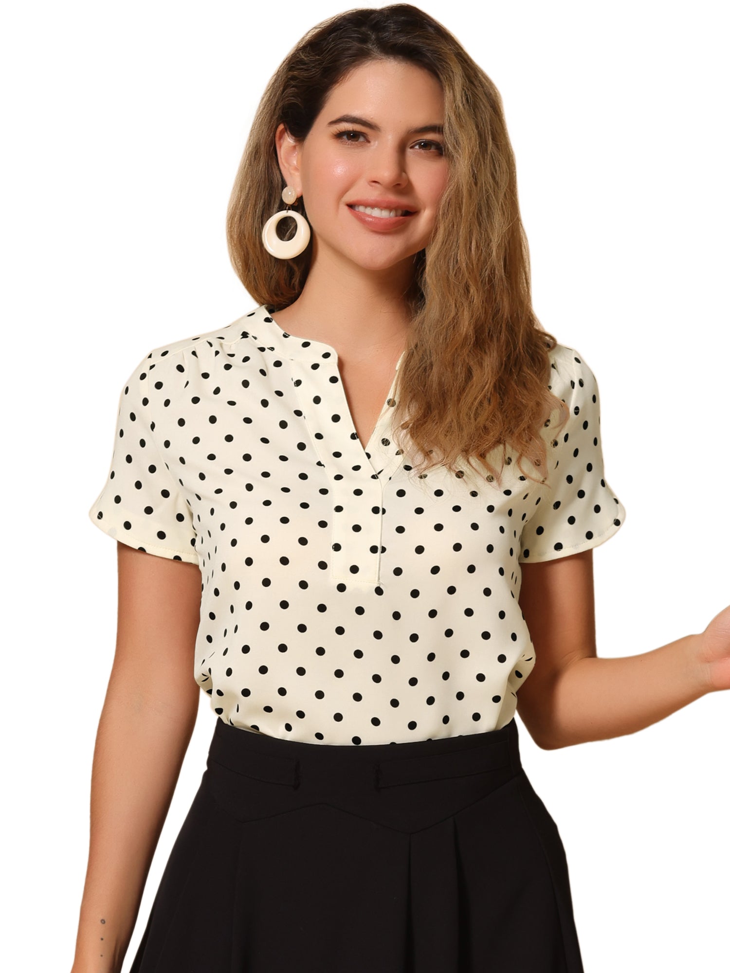 Polka Dots Print V Neck Short Sleeve Elegant Work Office Tops