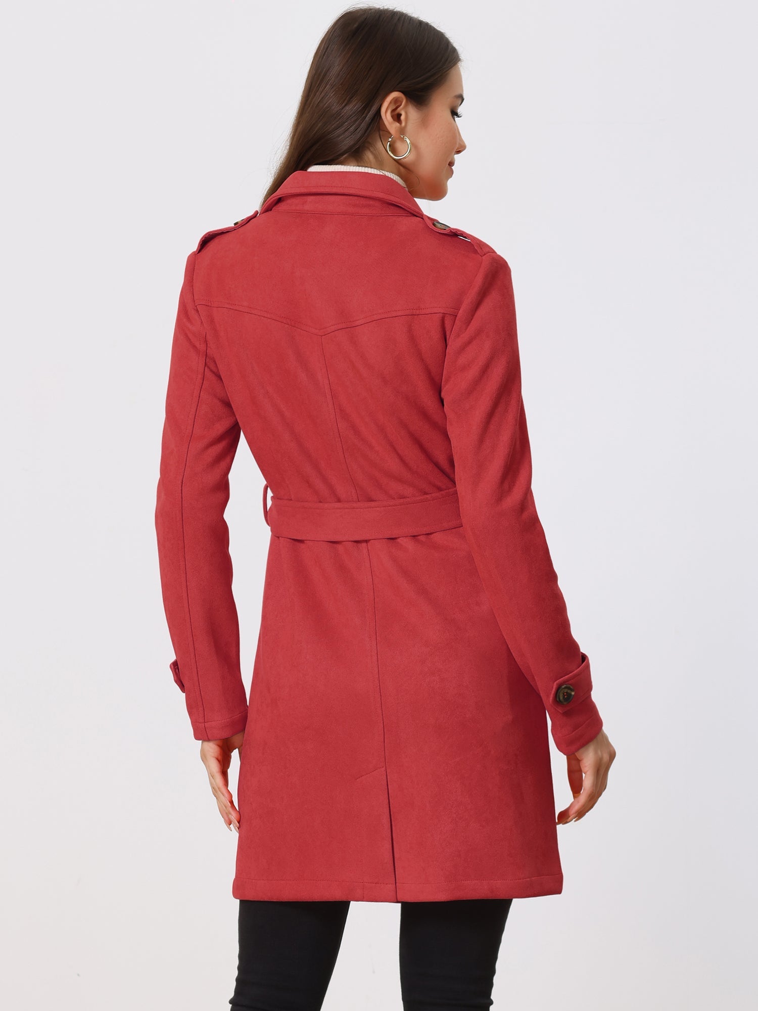 Notched Lapel Double Breasted Faux Suede Trench Coat Jacket with Belt